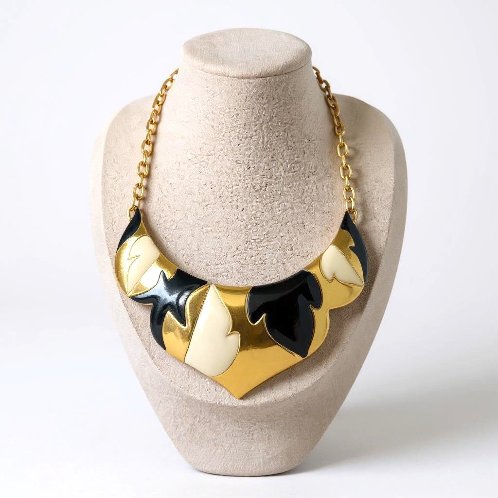 Vintage Monet Black & Ivory Enamel Statement Collar Necklace – 1970s–1980s Runway Couture