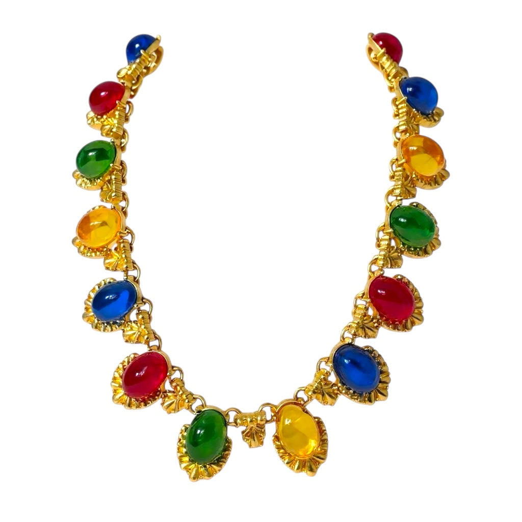 Gold-Tone Cabochon Statement Necklace – Multicolor Glass, Ornate Adjustable Collar
