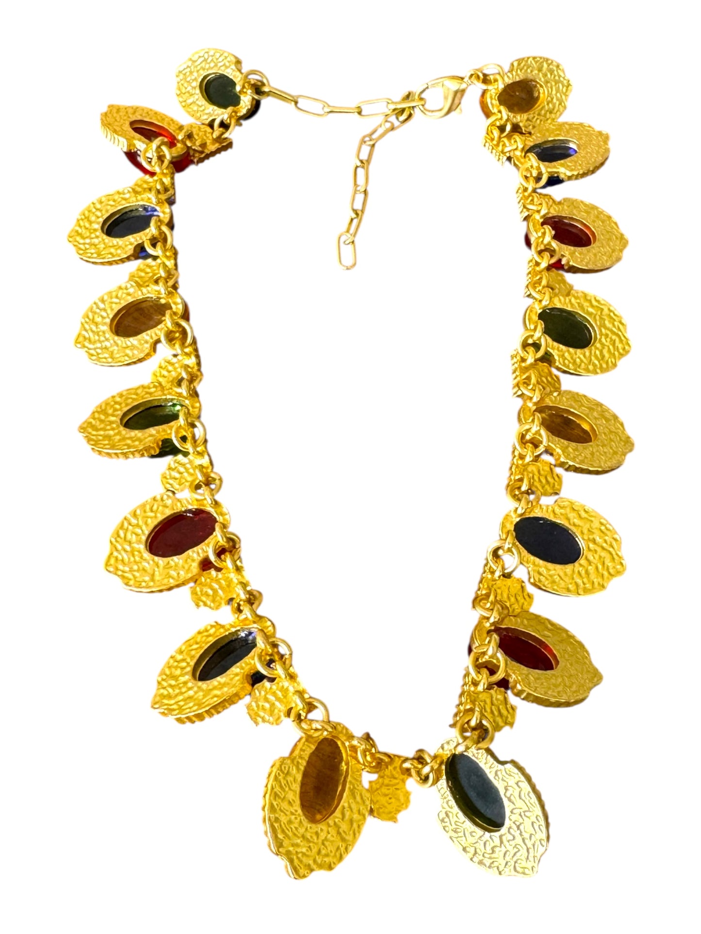 Gold-Tone Cabochon Statement Necklace – Multicolor Glass, Ornate Adjustable Collar