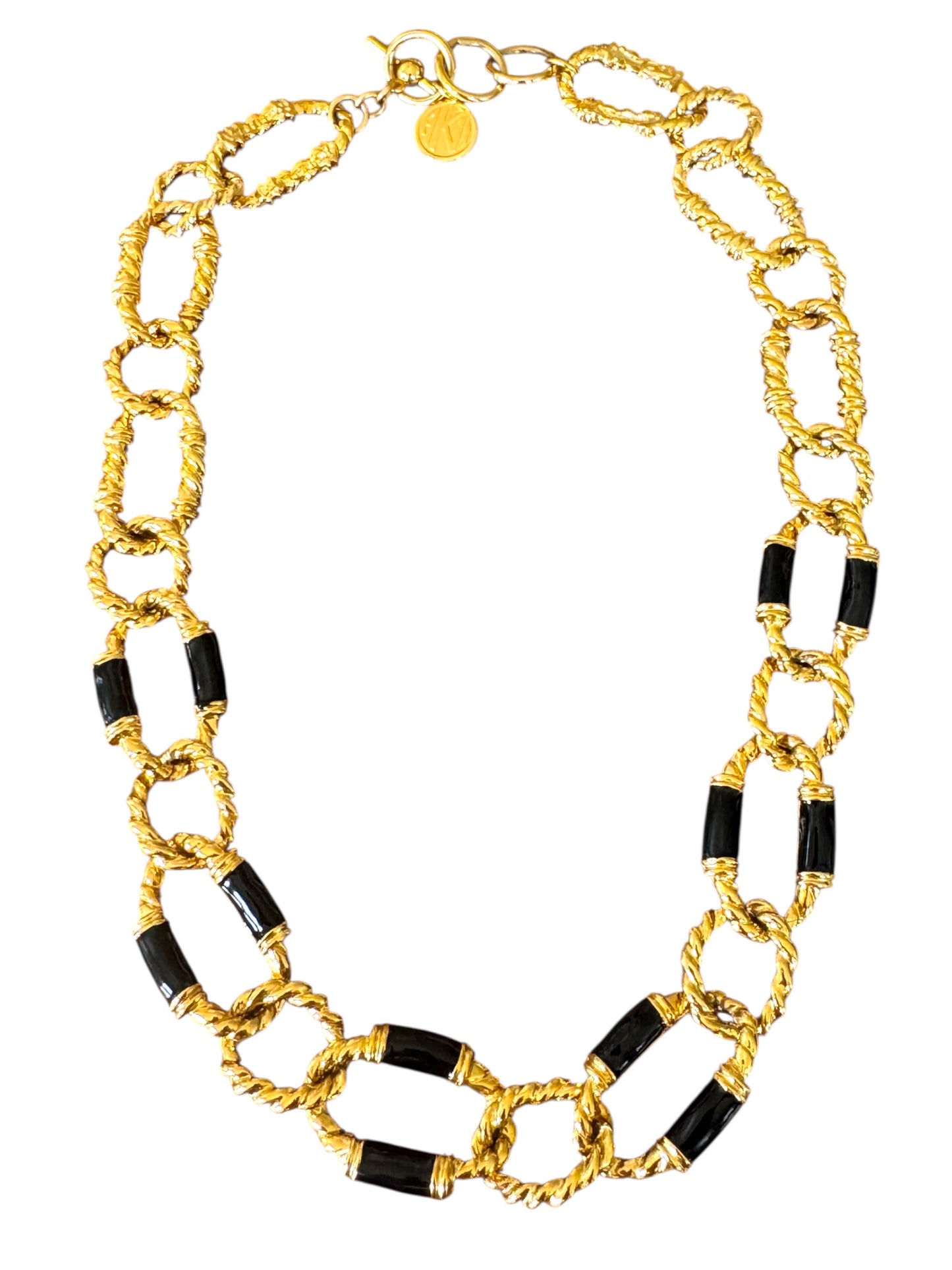 Signed Anne Klein Vintage Black Enamel & Gold-Tone Link Necklace – Toggle Collar