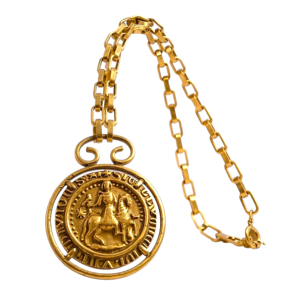 Accessocraft NYC Gold Medallion Necklace – Chunky Chain, Large Crest Pendant, Signed Statement Jewelry