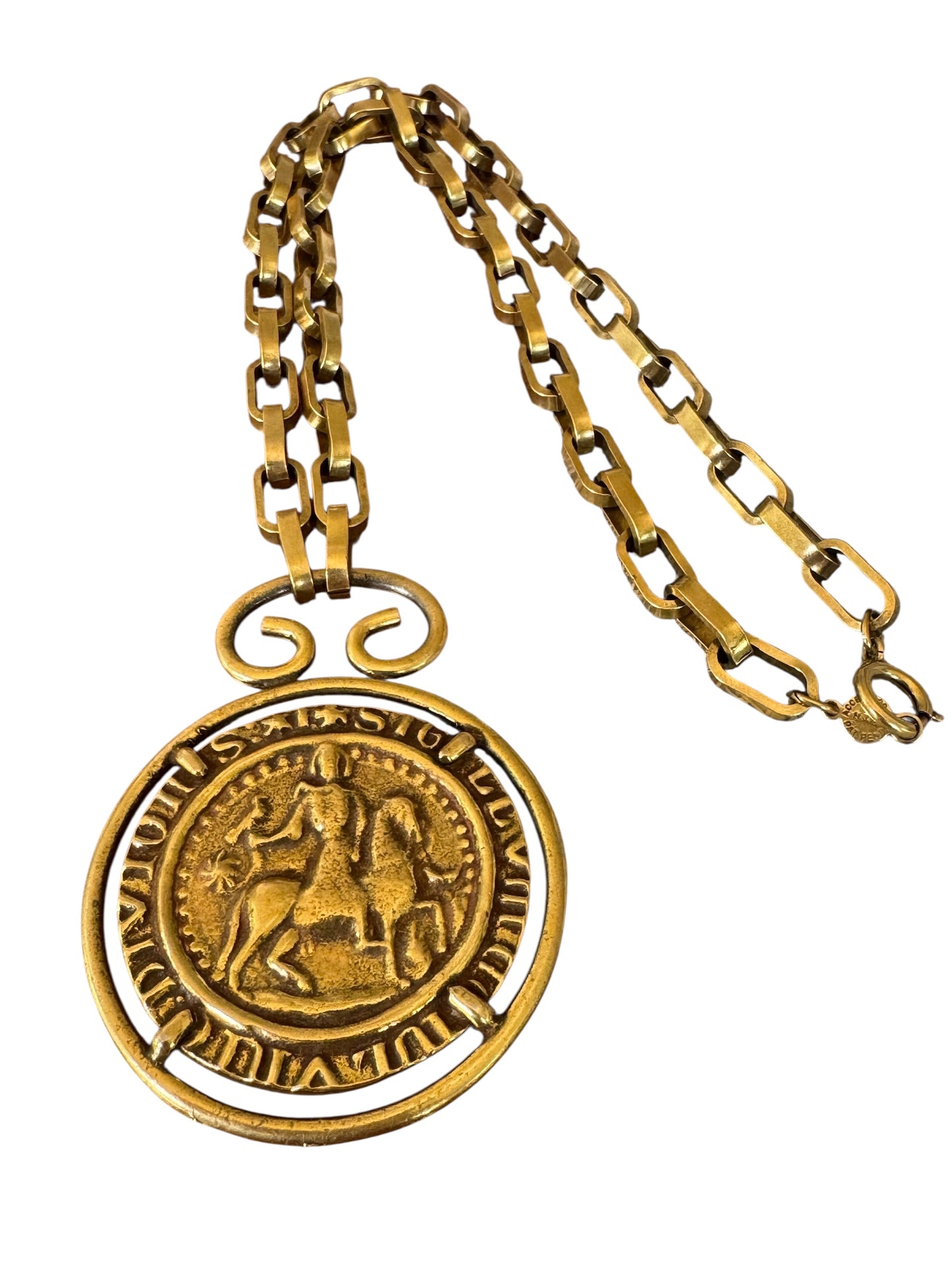 Accessocraft NYC Gold Medallion Necklace – Chunky Chain, Large Crest Pendant, Signed Statement Jewelry