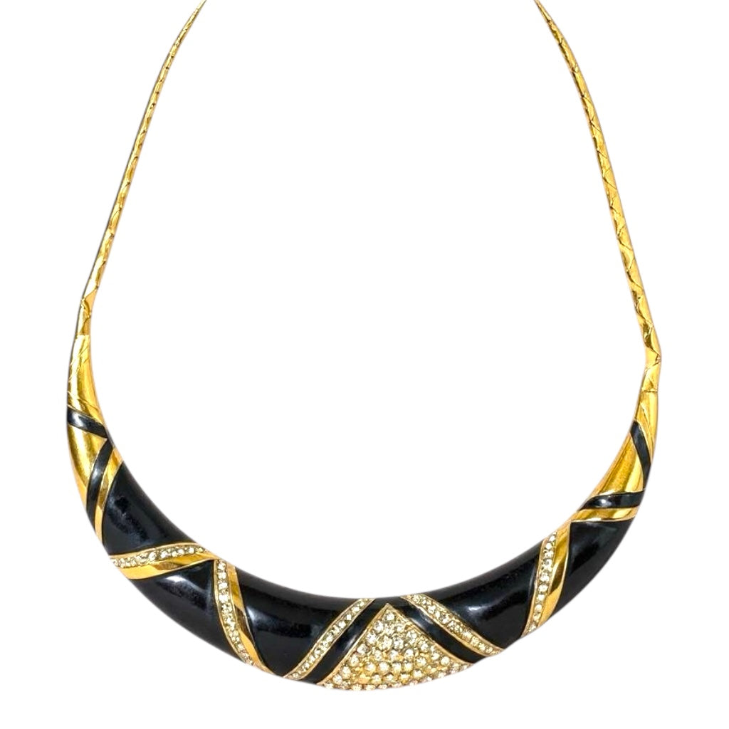 Vintage Monet Black Enamel and Rhinestone Collar Necklace – Bold 1980s Statement Piece