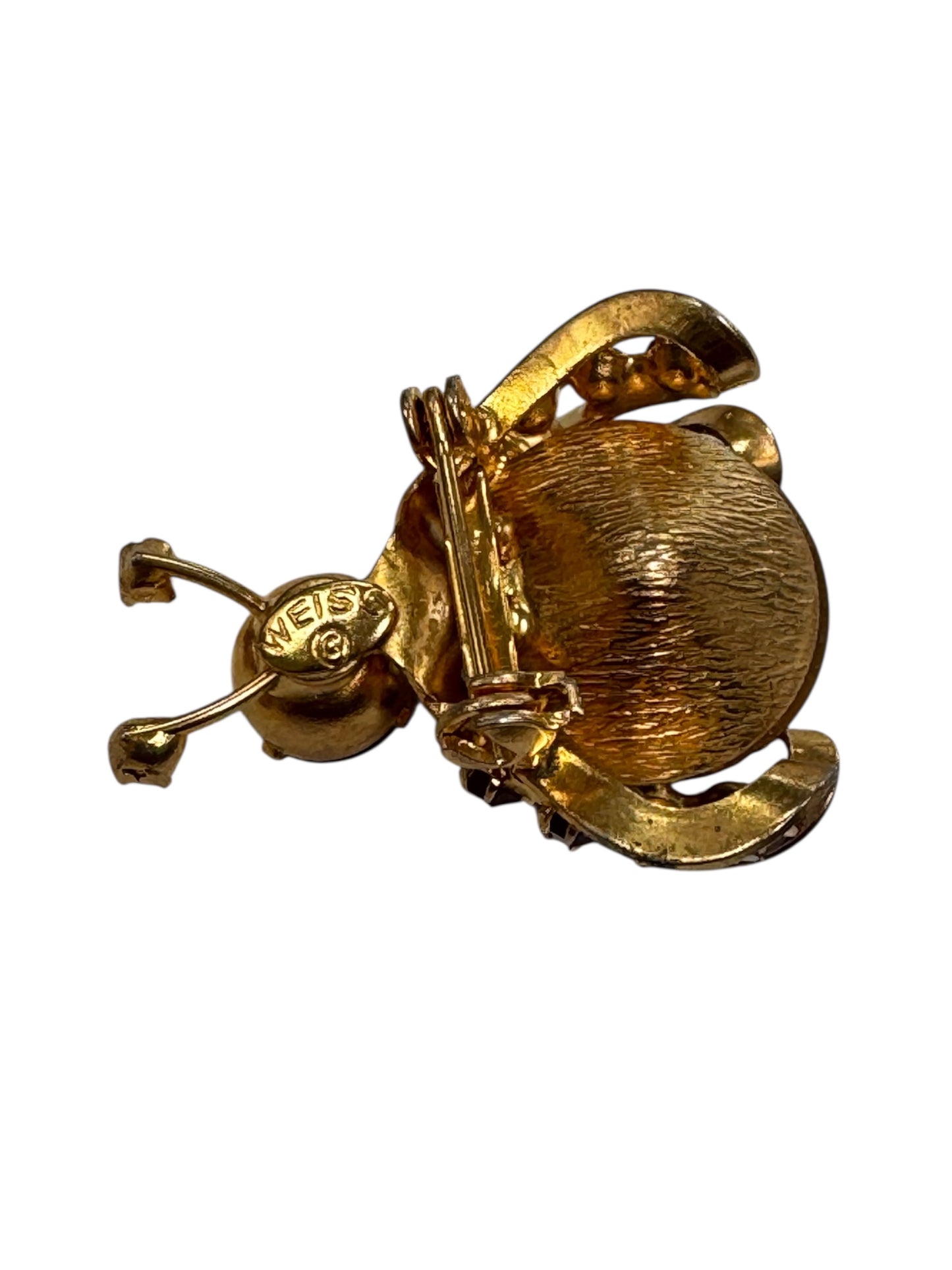 Signed Weiss Red Rhinestone & Heliotrope Glass Bee Brooch – 1950s Figural Insect Pin