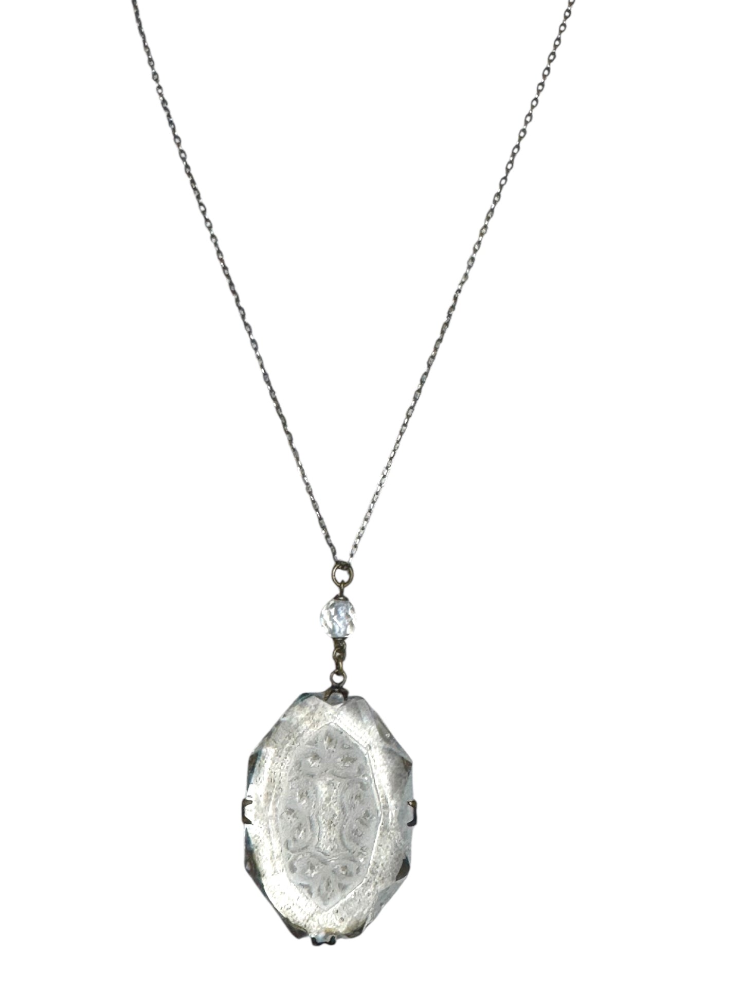 Antique Czech Intaglio Glass Pendant Necklace – Etched Beveled Glass & Brass