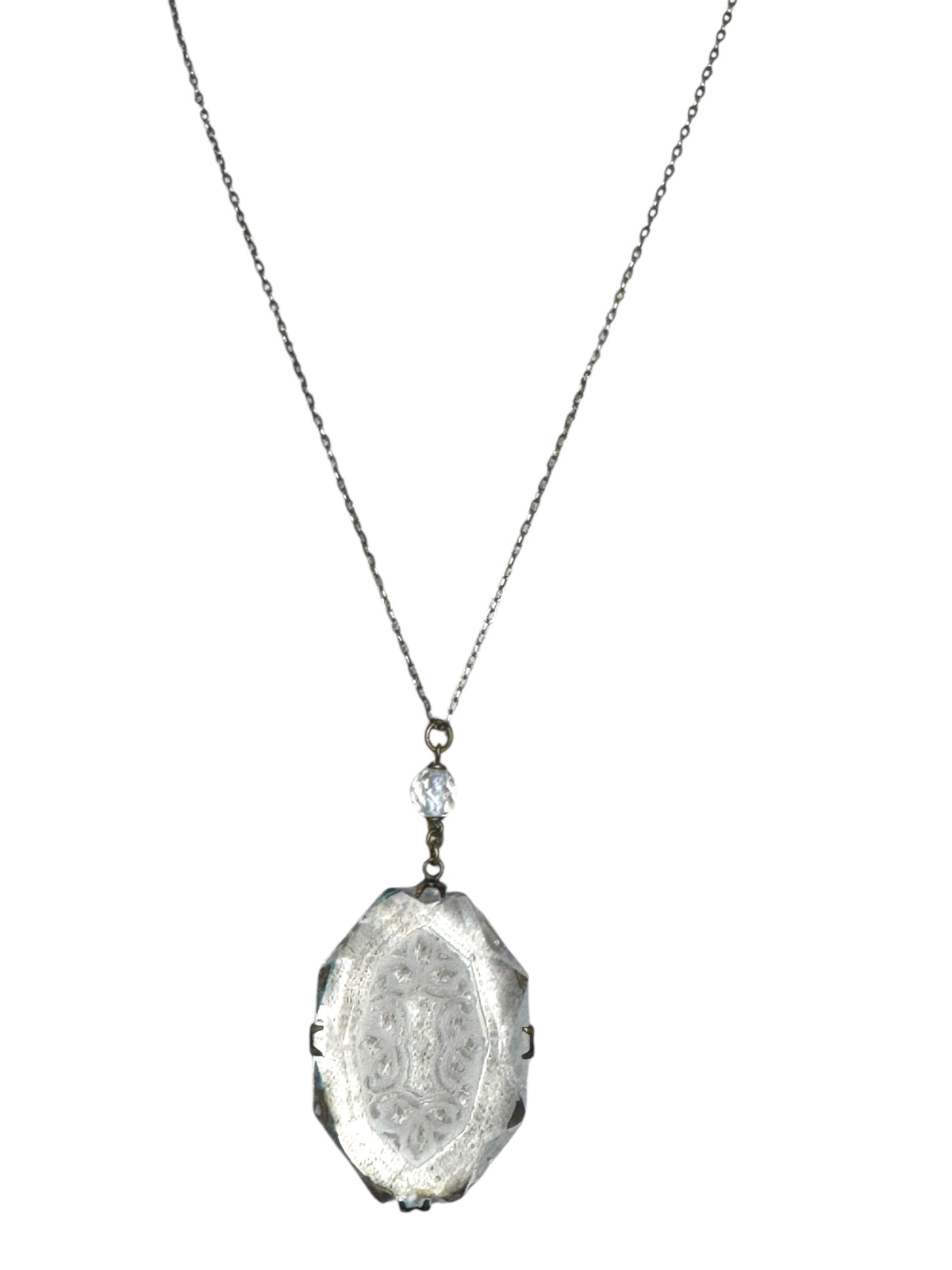 Antique Signed Czechoslovakia Intaglio Glass Pendant Necklace – Art Deco Drop