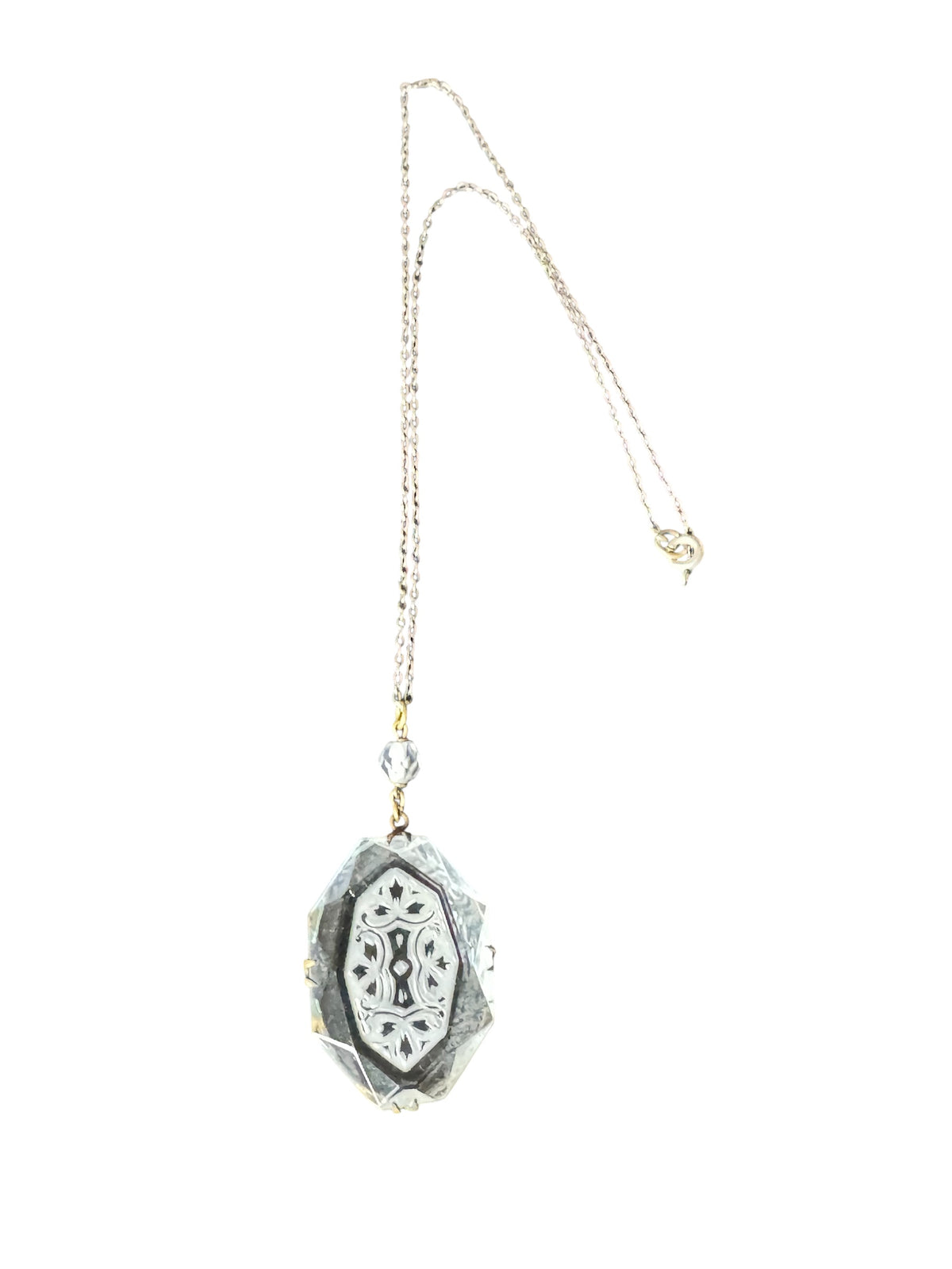 Antique Signed Czechoslovakia Intaglio Glass Pendant Necklace – Art Deco Drop
