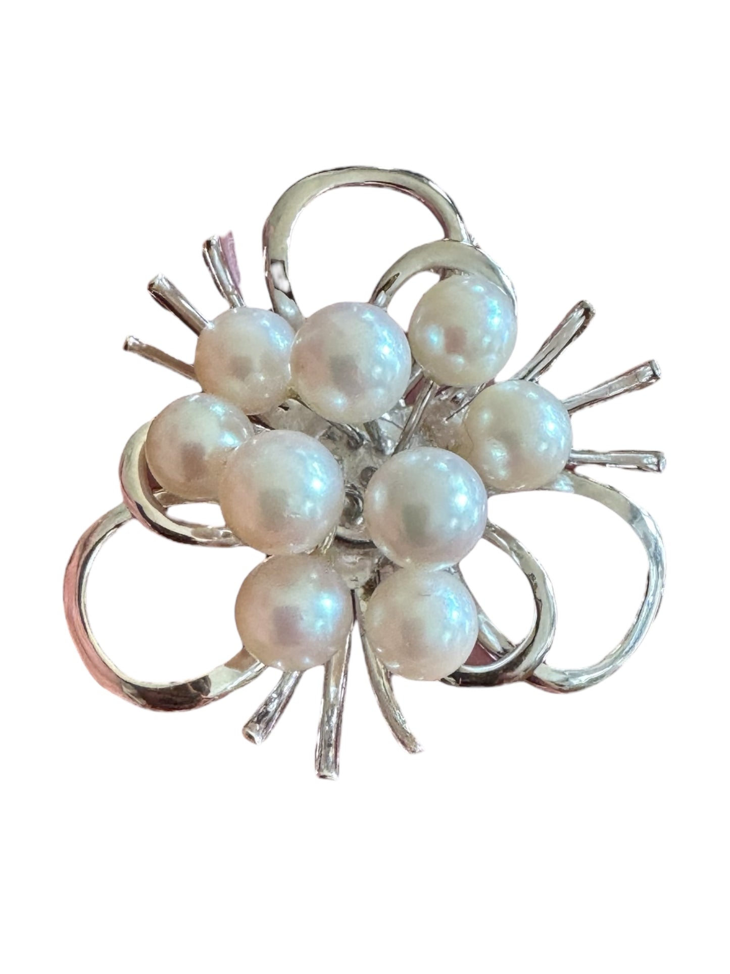 Vintage Sterling Silver Cultured Pearl Brooch & Pendant – Mid-Century Modern Ribbon Spray Design