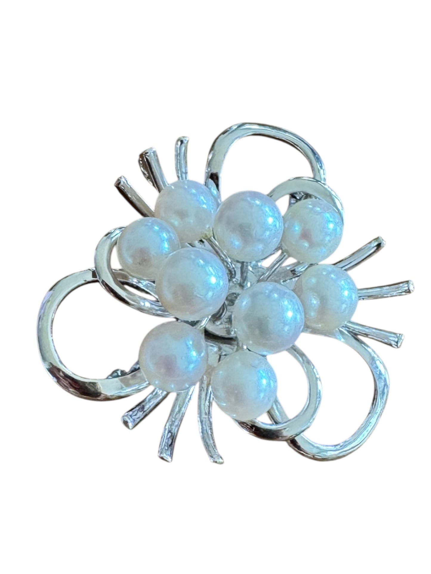 Vintage Sterling Silver Cultured Pearl Brooch & Pendant – Mid-Century Modern Ribbon Spray Design