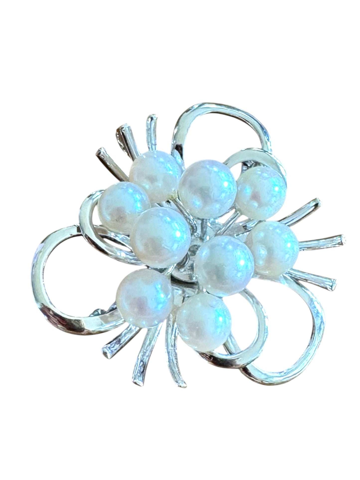 Vintage Sterling Silver Cultured Pearl Brooch & Pendant – Mid-Century Modern Ribbon Spray Design