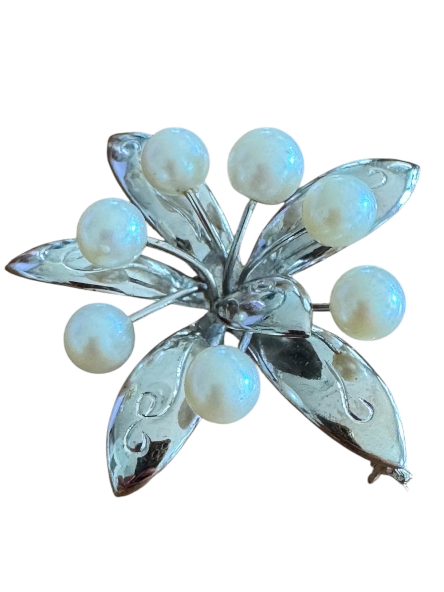Vintage Sterling Silver Leaf Spray Brooch with Cultured Pearls – Mid-Century Elegance