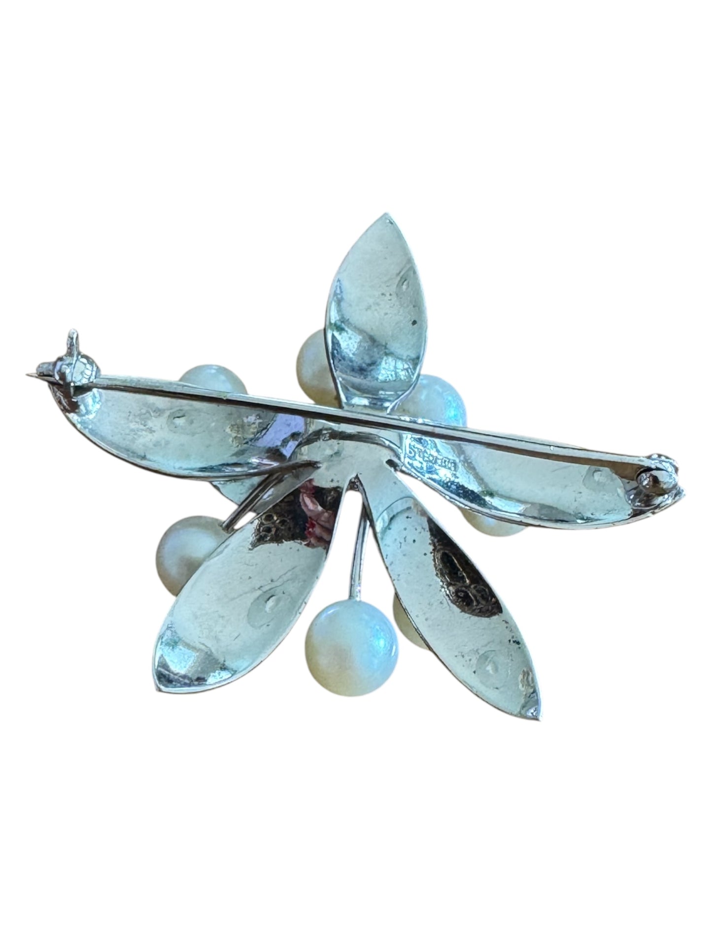 Vintage Sterling Silver Leaf Spray Brooch with Cultured Pearls – Mid-Century Elegance