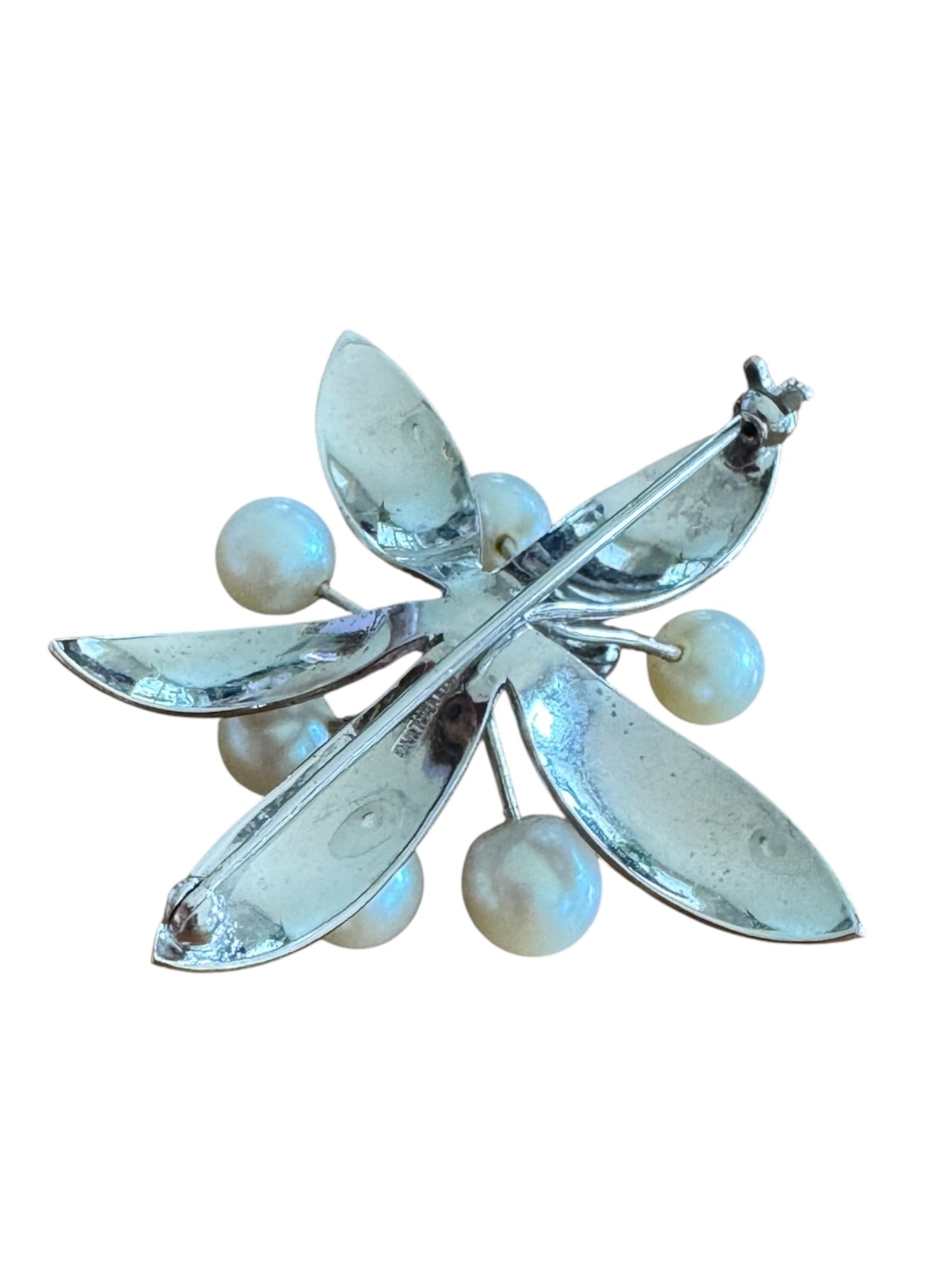 Vintage Sterling Silver Leaf Spray Brooch with Cultured Pearls – Mid-Century Elegance