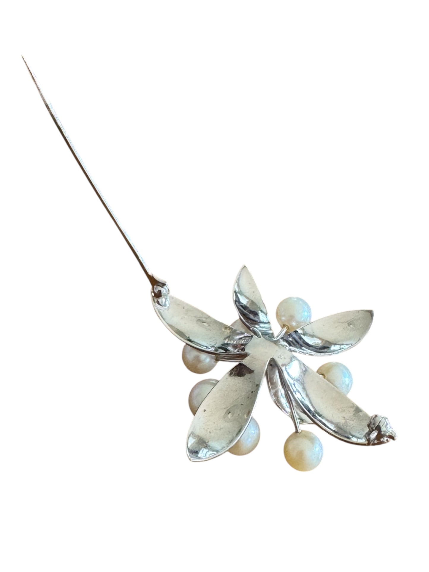 Vintage Sterling Silver Leaf Spray Brooch with Cultured Pearls – Mid-Century Elegance