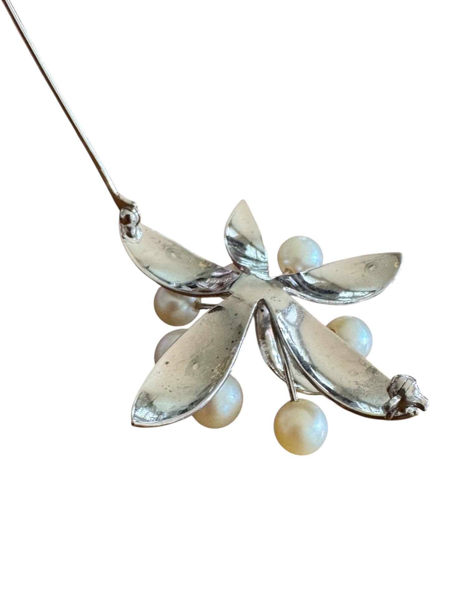 Vintage Sterling Silver Leaf Spray Brooch with Cultured Pearls – Mid-Century Elegance