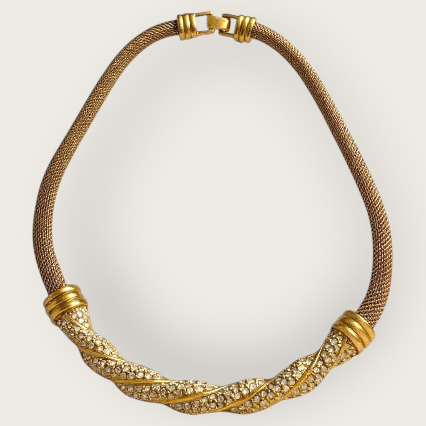 Vintage Swarovski Mesh Choker Necklace – Gold-Tone with Twisted Pavé Crystal Bar, 1980s–1990s