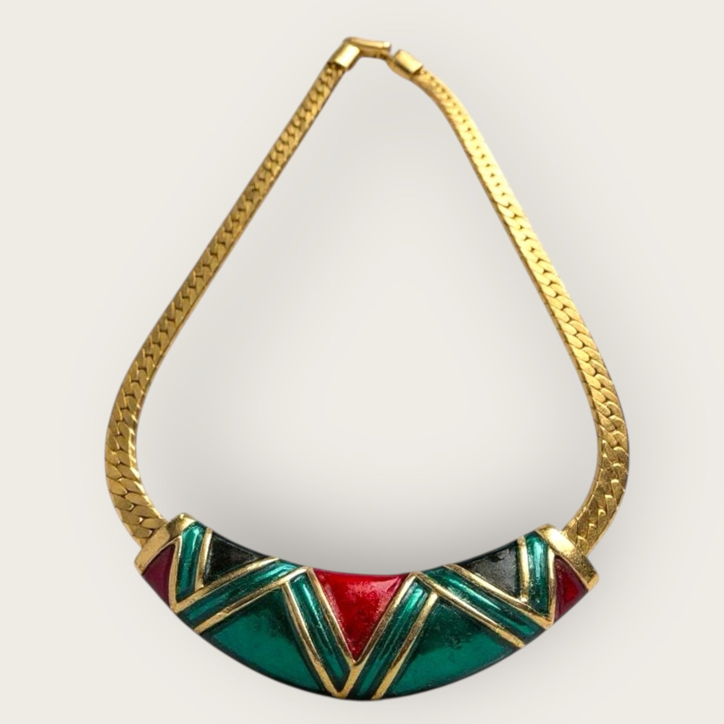 Vintage Geometric Enamel Collar Necklace with Gold Tone Herringbone Chain
