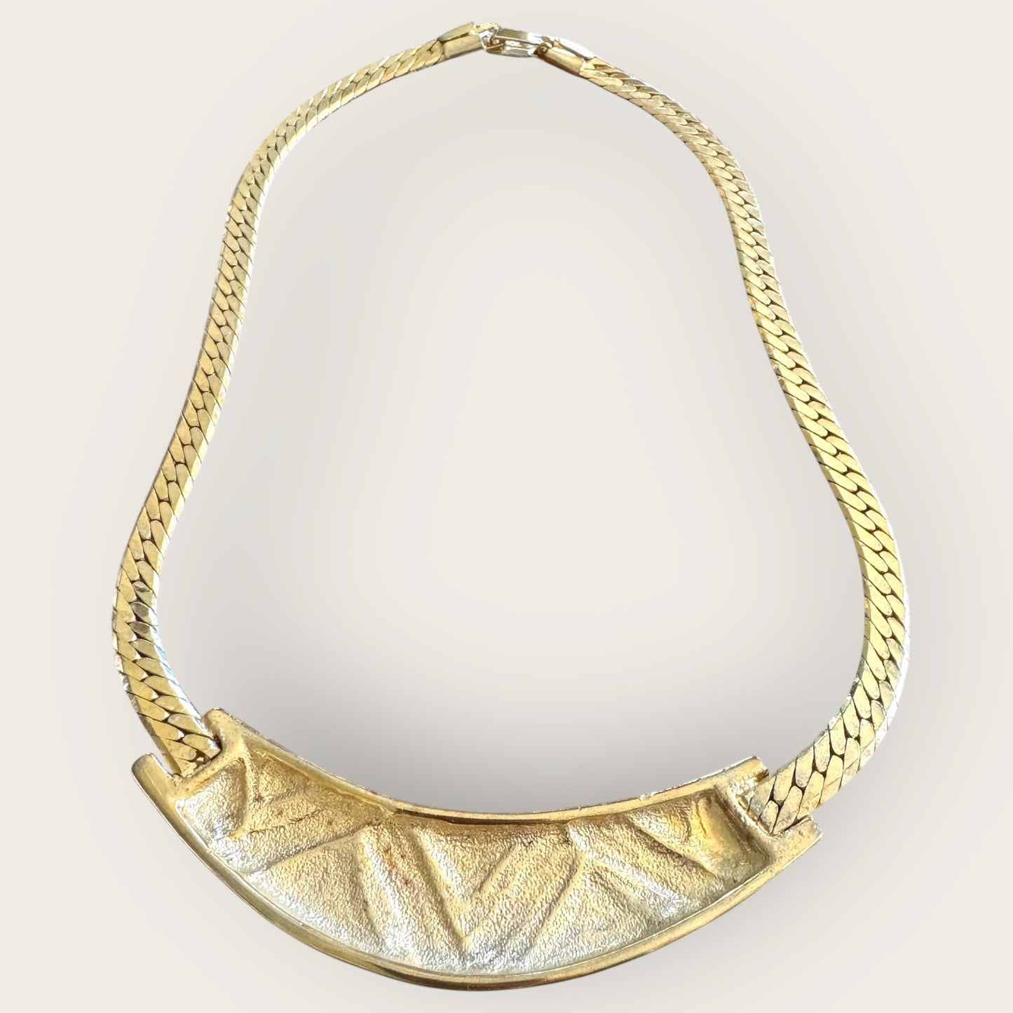Vintage Geometric Enamel Collar Necklace with Gold Tone Herringbone Chain