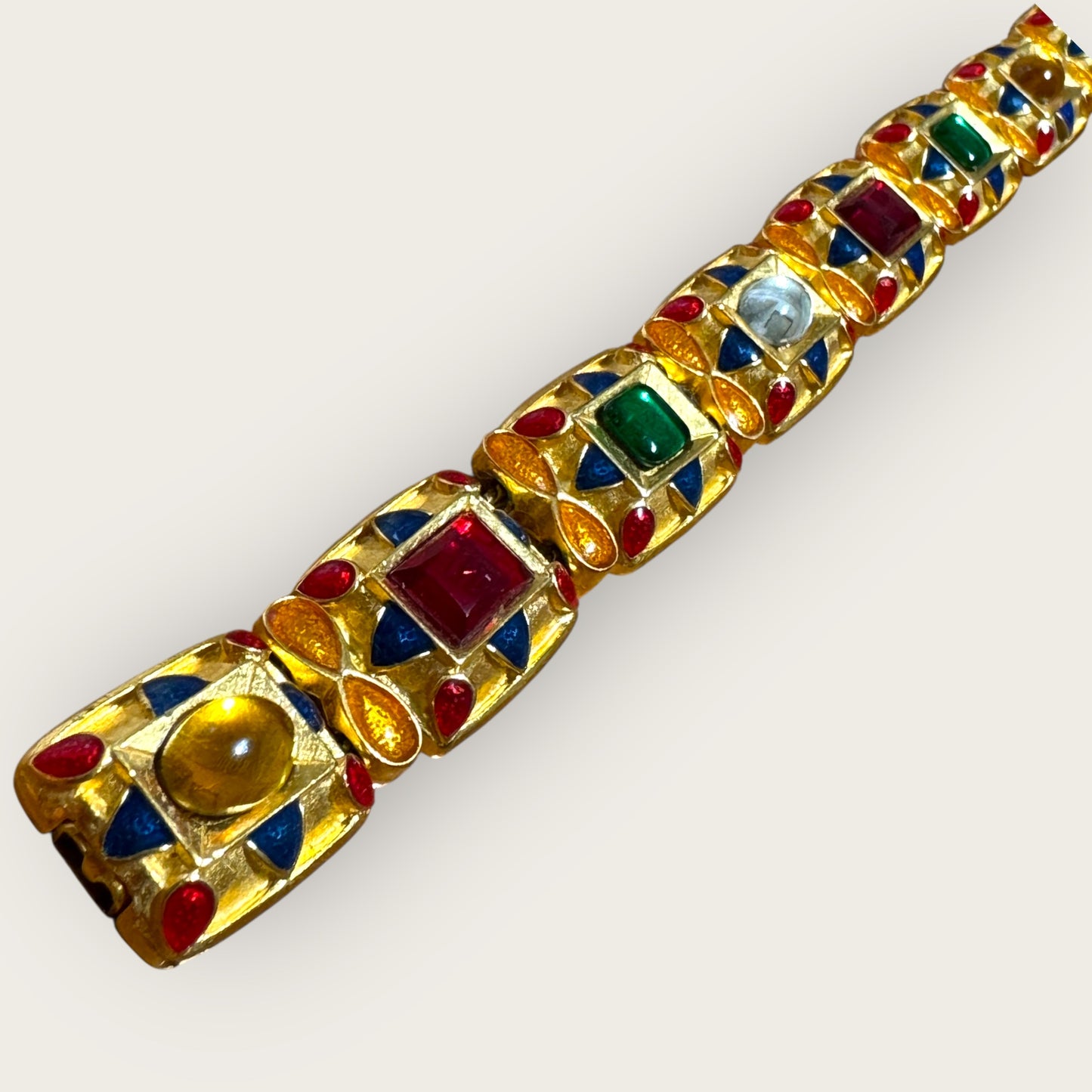 Signed MMA USA Articulated Enamel and Glass Cabochon Panel Bracelet