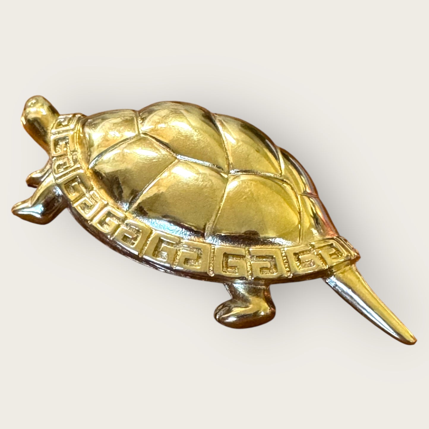 Vintage Givenchy Couture Gold-Tone Turtle Brooch with Greek Key Shell – Signed Statement Pin