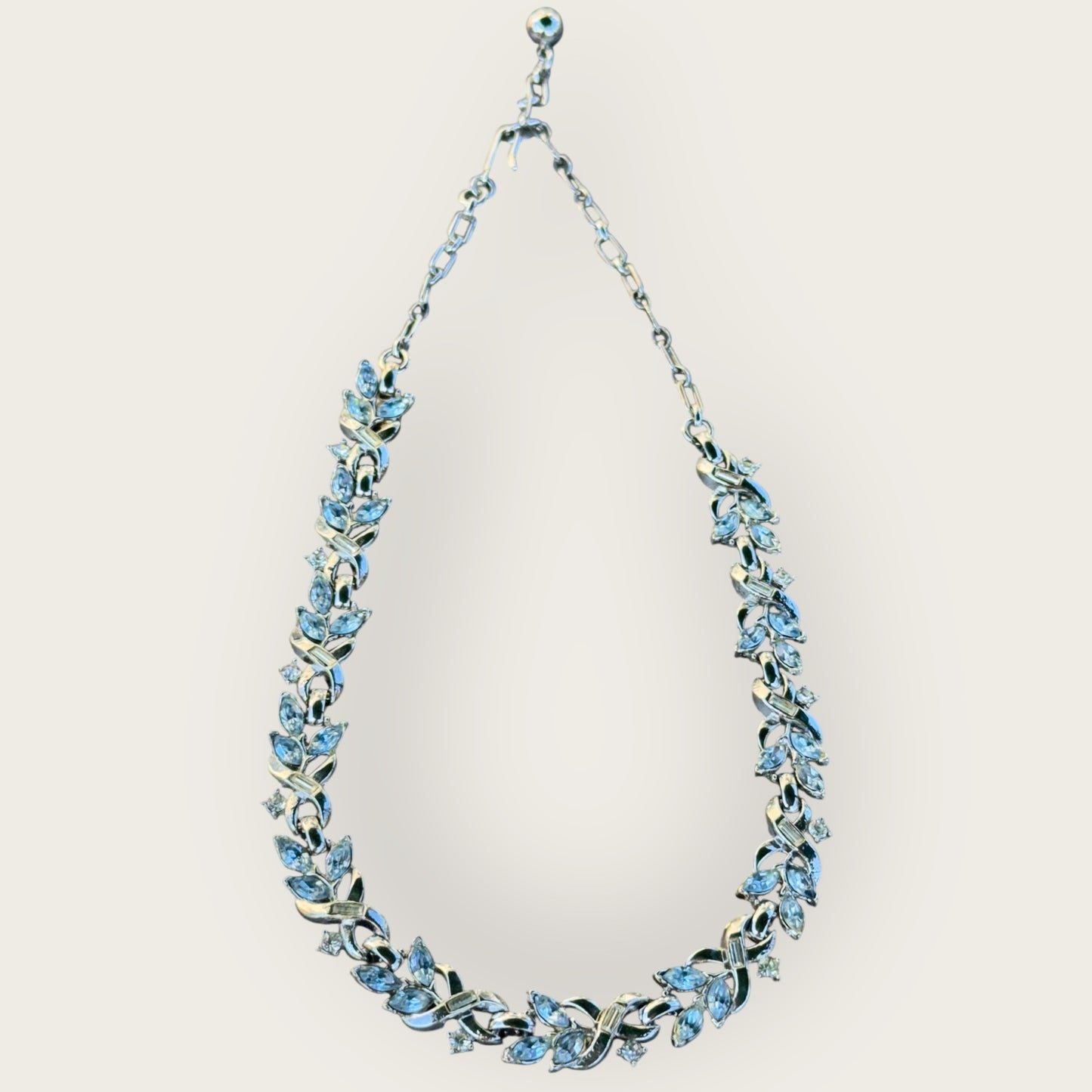 Vintage Crown Trifari Silver and Gold-Tone Necklace with Light Blue Rhinestones – Signed Adjustable Mid-Century Jewelry