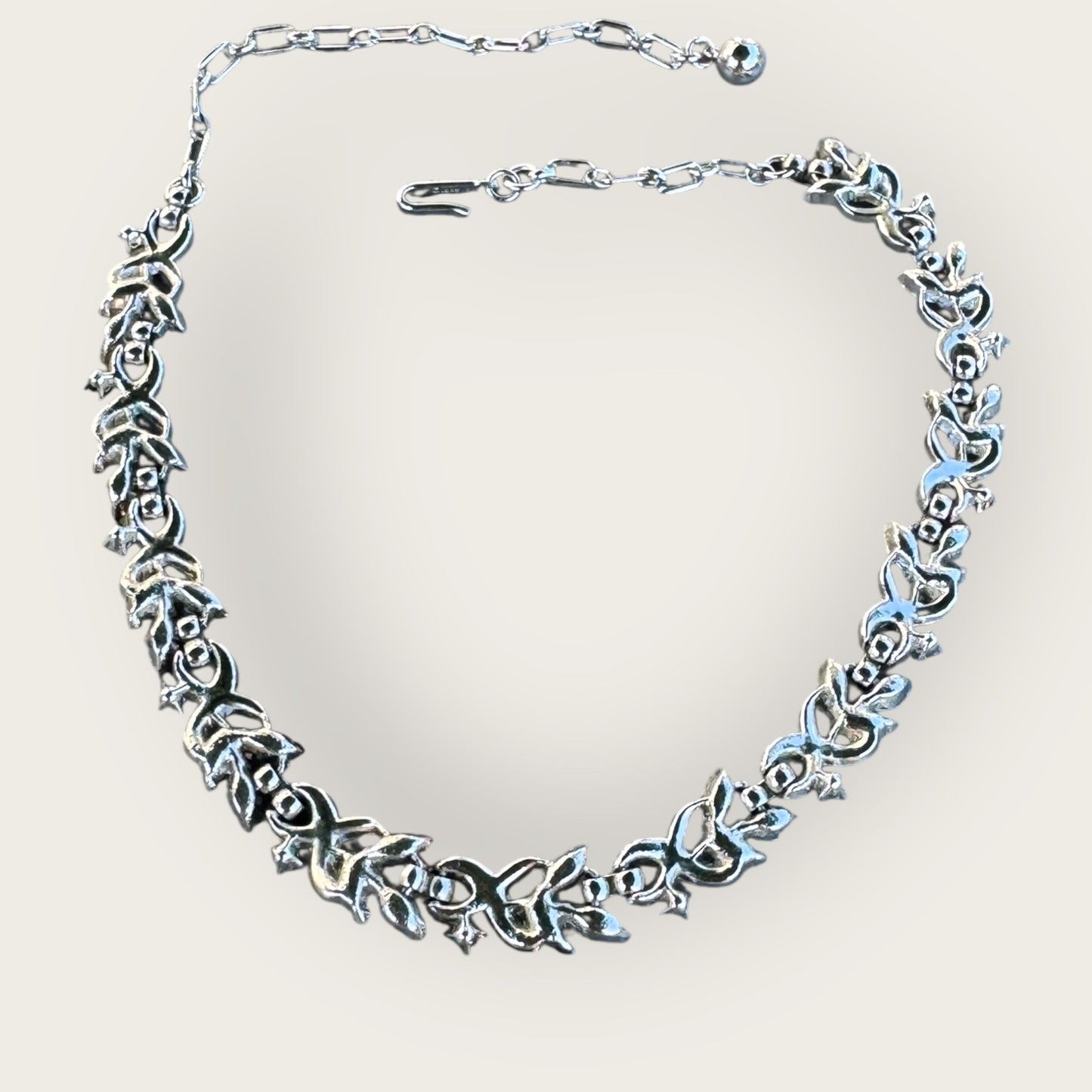 Vintage Crown Trifari Silver and Gold-Tone Necklace with Light Blue Rhinestones – Signed Adjustable Mid-Century Jewelry