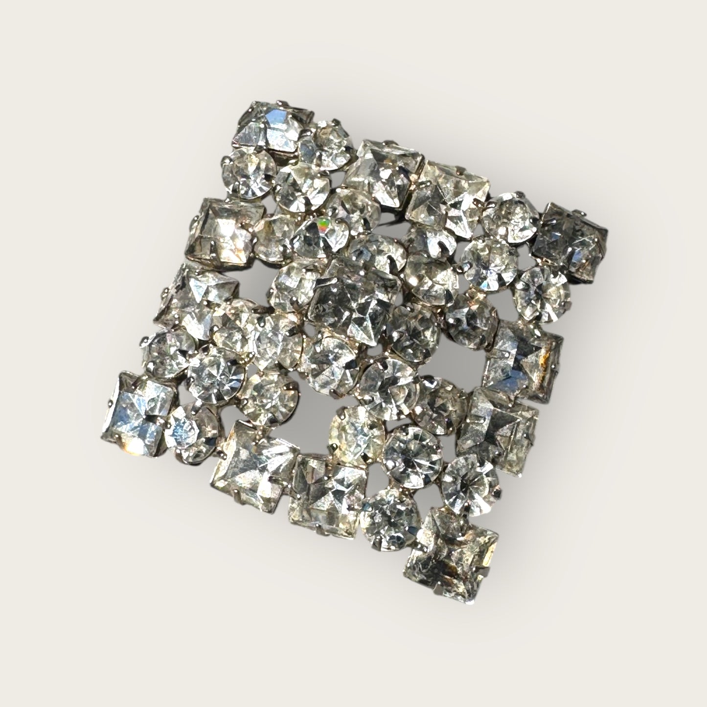 Vintage Mid-Century Domed Square Rhinestone Brooch – Heavy Sparkling 2-Inch Statement Pin