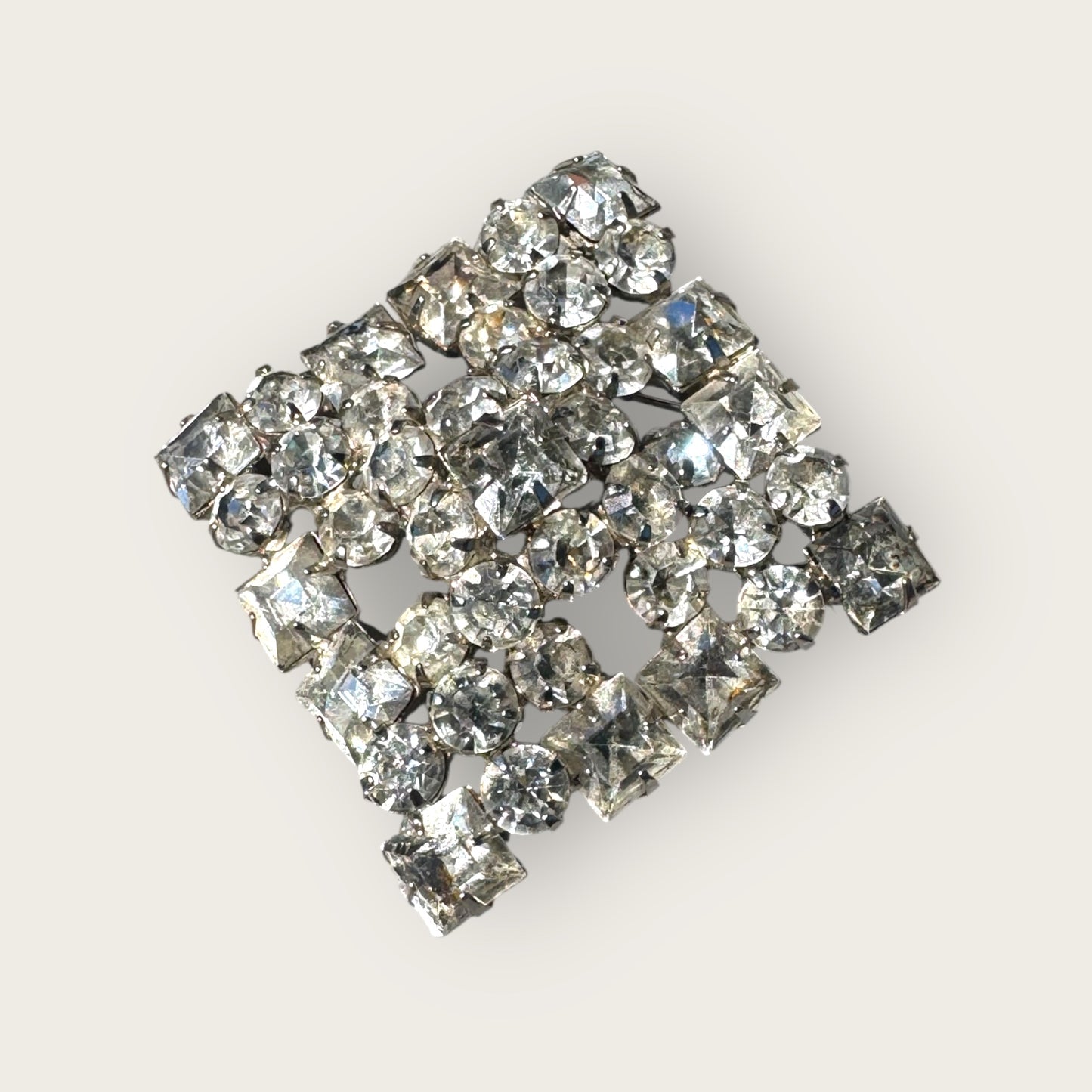 Vintage Mid-Century Domed Square Rhinestone Brooch – Heavy Sparkling 2-Inch Statement Pin