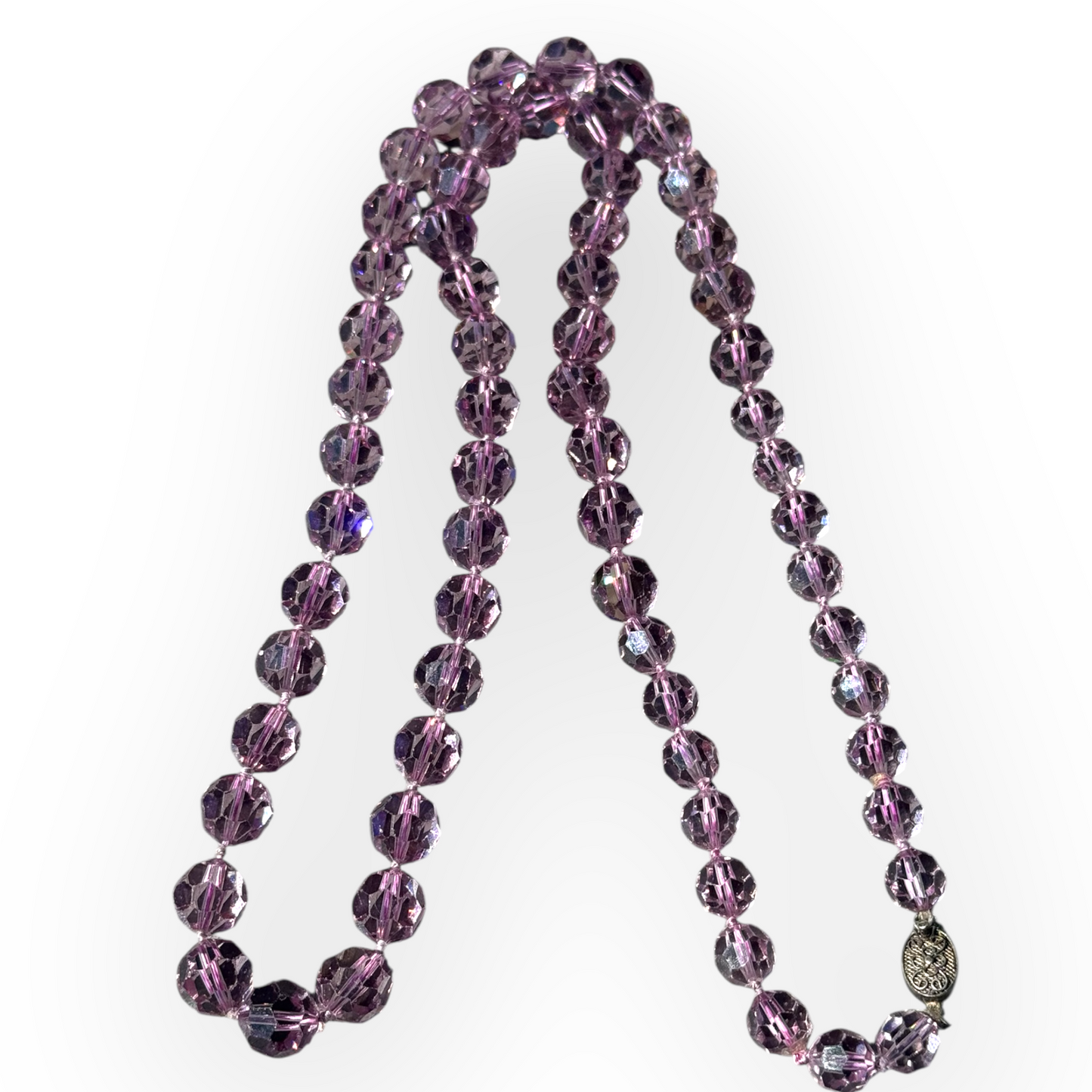 Vintage Lavender Crystal Bead Necklace with Sterling Silver Filigree Clasp