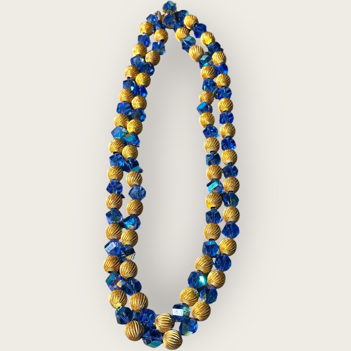 Vintage Double Strand Blue Crystal and Gold Swirl Bead Necklace with Push Lock Clasp
