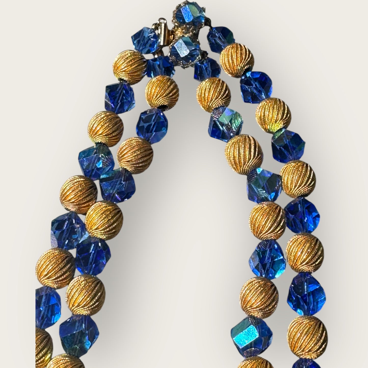Vintage Double Strand Blue Crystal and Gold Swirl Bead Necklace with Push Lock Clasp