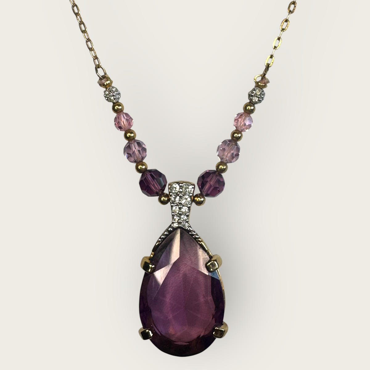 Swarovski Amethyst Crystal Pendant Necklace in Gold Tone with Lavender and Pink Beads – Signed Swan Logo