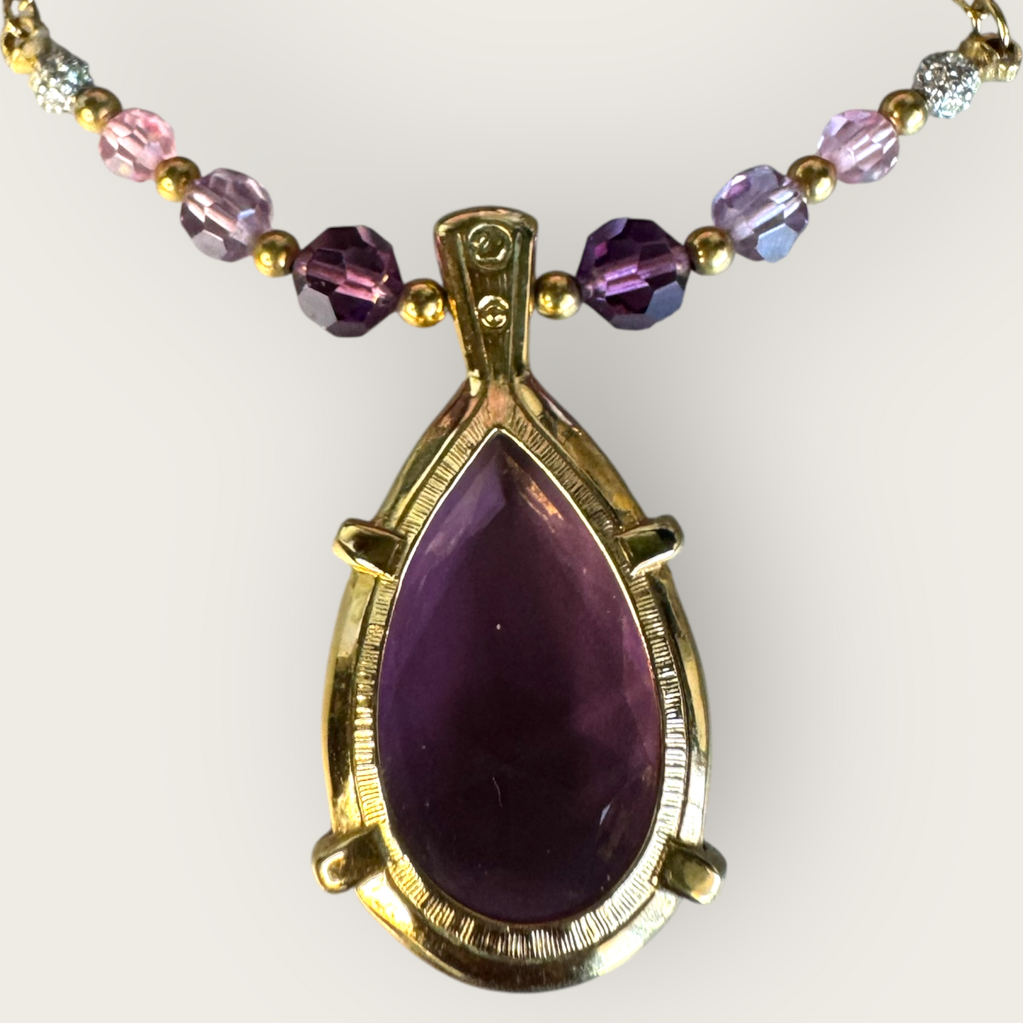Swarovski Amethyst Crystal Pendant Necklace in Gold Tone with Lavender and Pink Beads, Signed Swan Logo