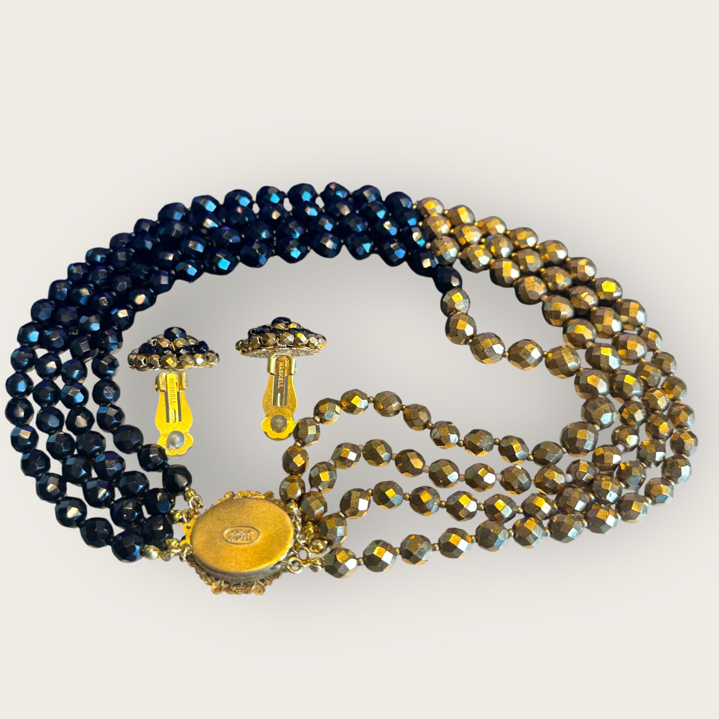 Signed Miriam Haskell Black & Gold Glass Bead Set | 1950s Demi-Parure | Private Collection