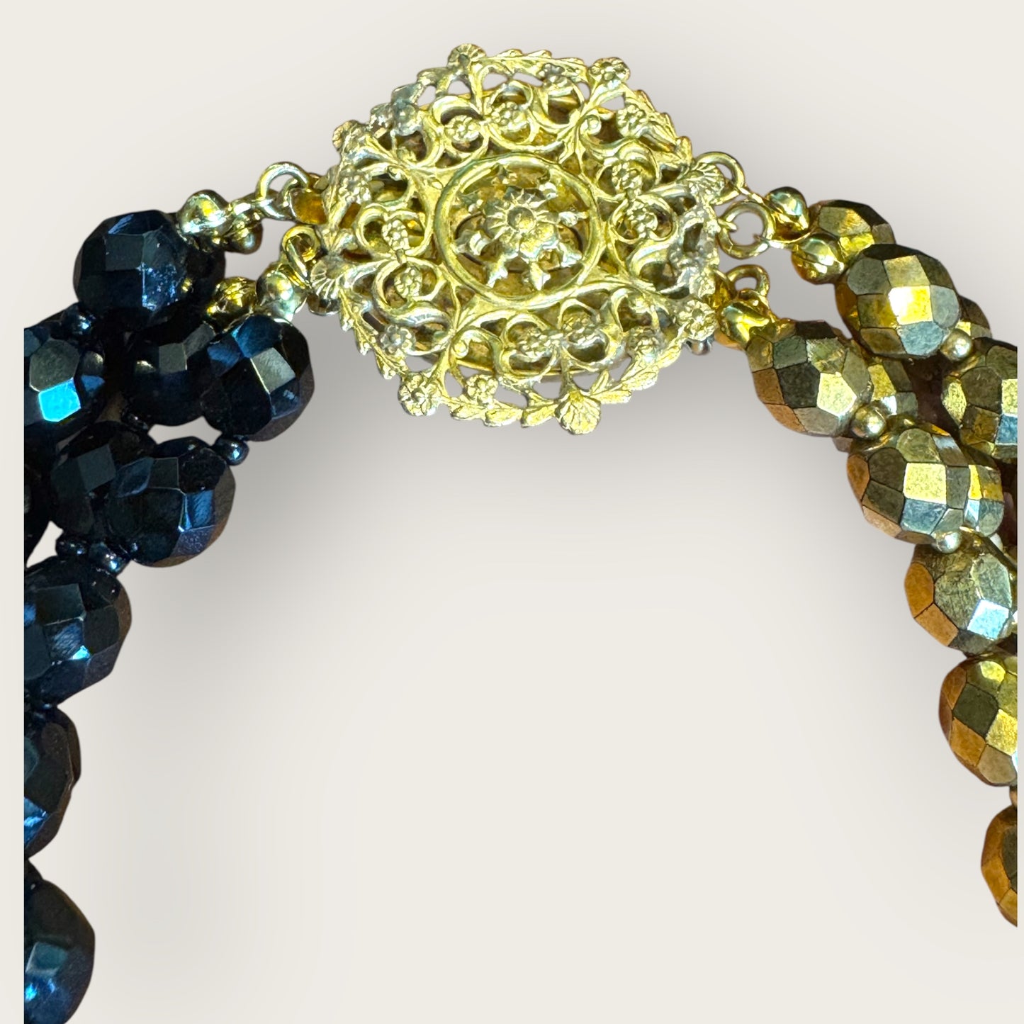 Signed Miriam Haskell Black & Gold Glass Bead Set | 1950s Demi-Parure | Private Collection