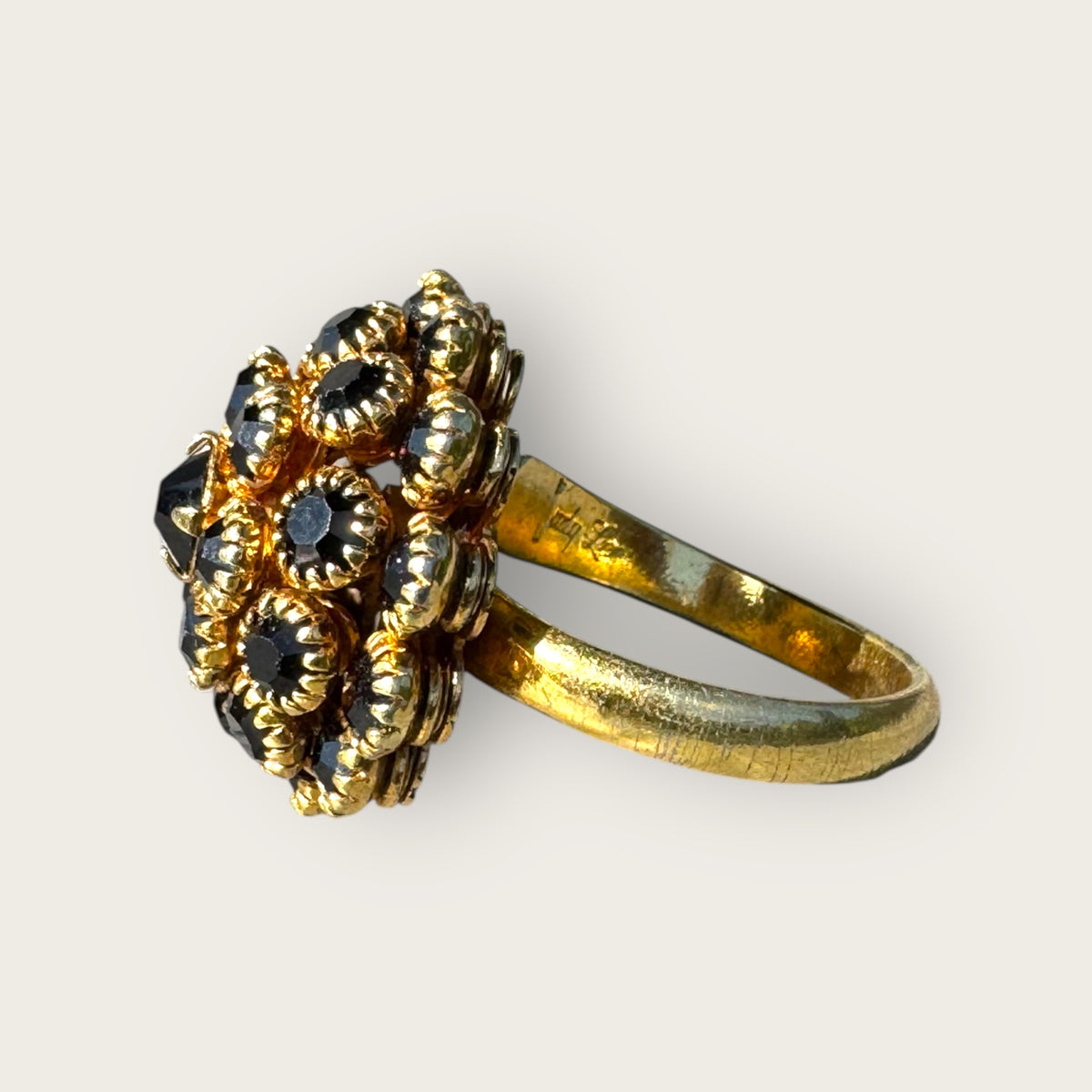 Vintage Judy Lee Black Rhinestone Cluster Cocktail Ring – Adjustable, 1950s–60s Statement Jewelry