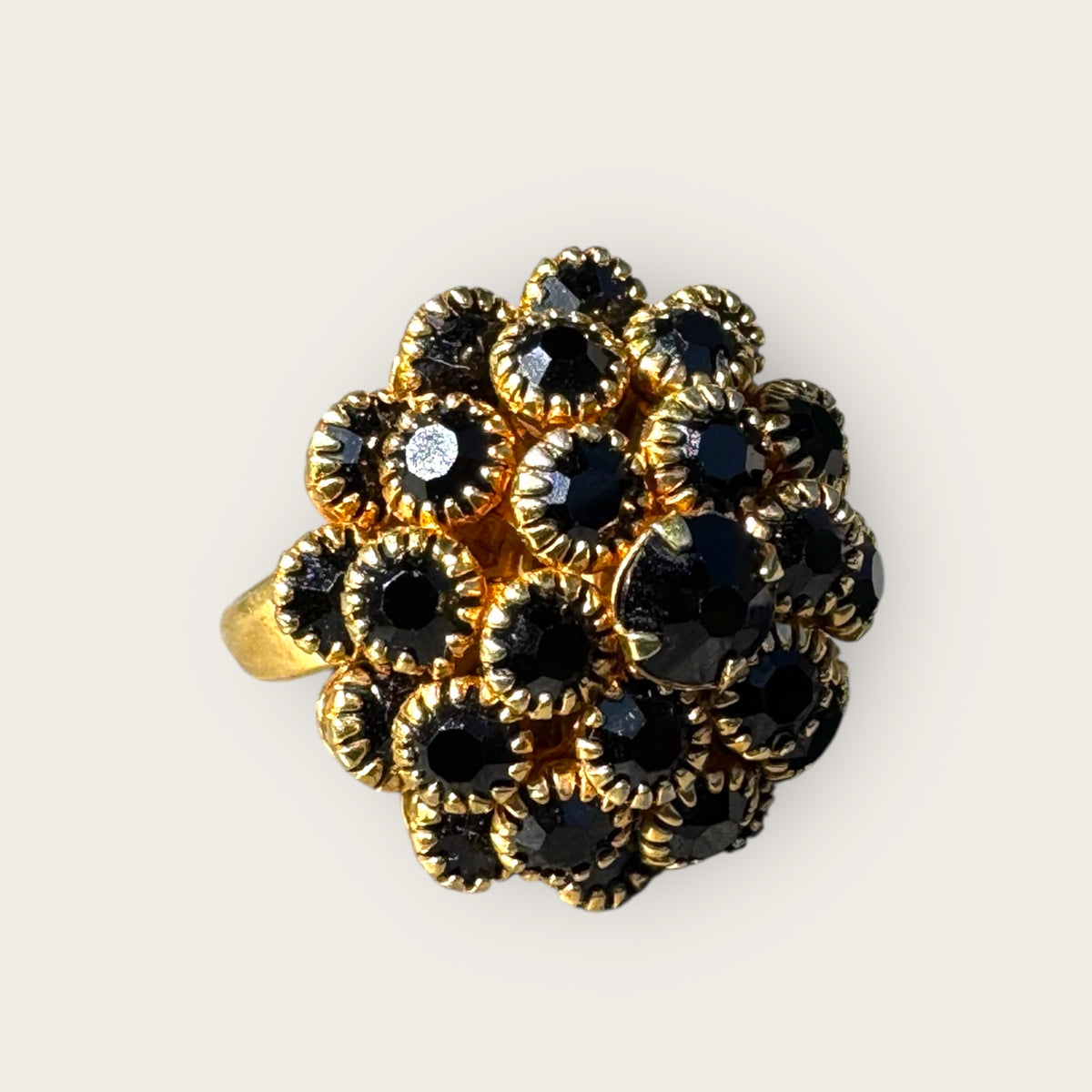 Vintage Judy Lee Black Rhinestone Cluster Cocktail Ring – Adjustable, 1950s–60s Statement Jewelry