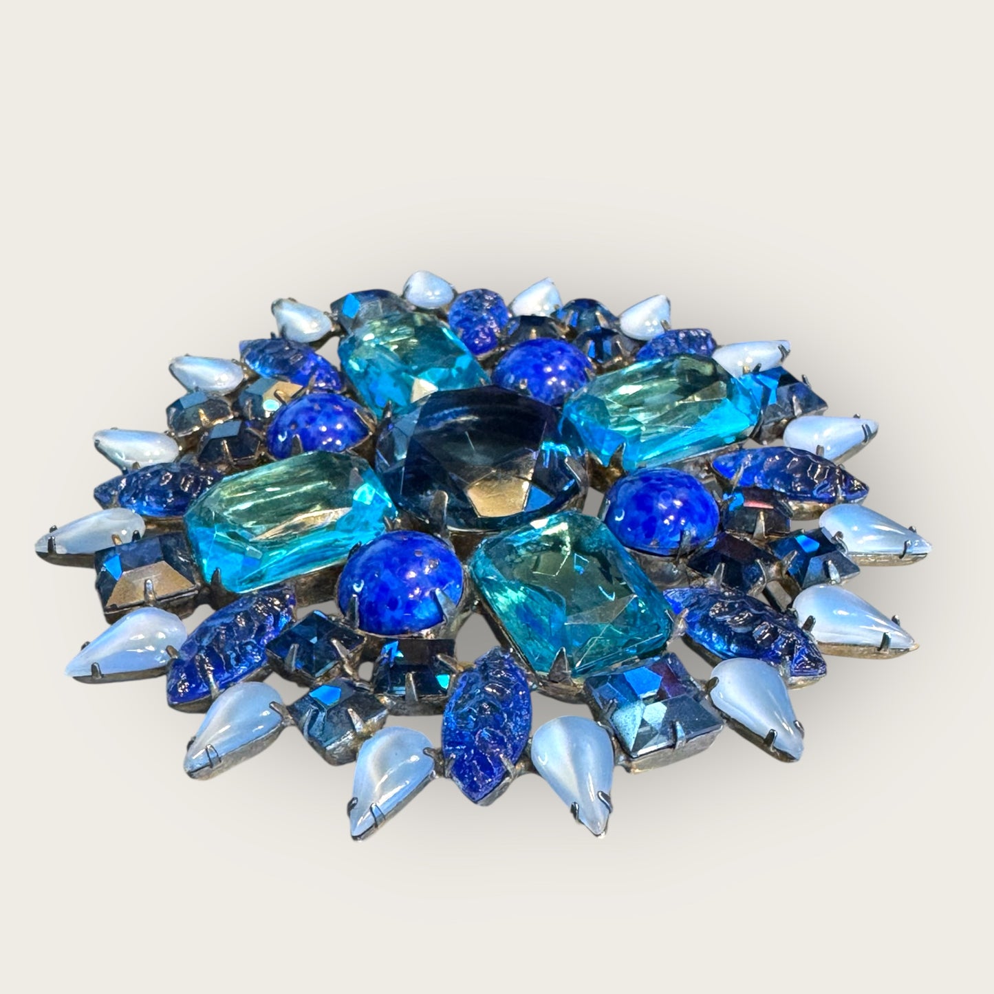 Vintage Signed Albert Starburst Brooch – Multi-Tone Blue Glass Rhinestones – Heavy Metal Statement Pin