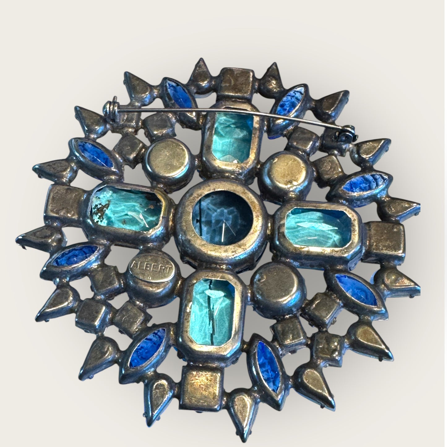 Vintage Signed Albert Starburst Brooch – Multi-Tone Blue Glass Rhinestones – Heavy Metal Statement Pin