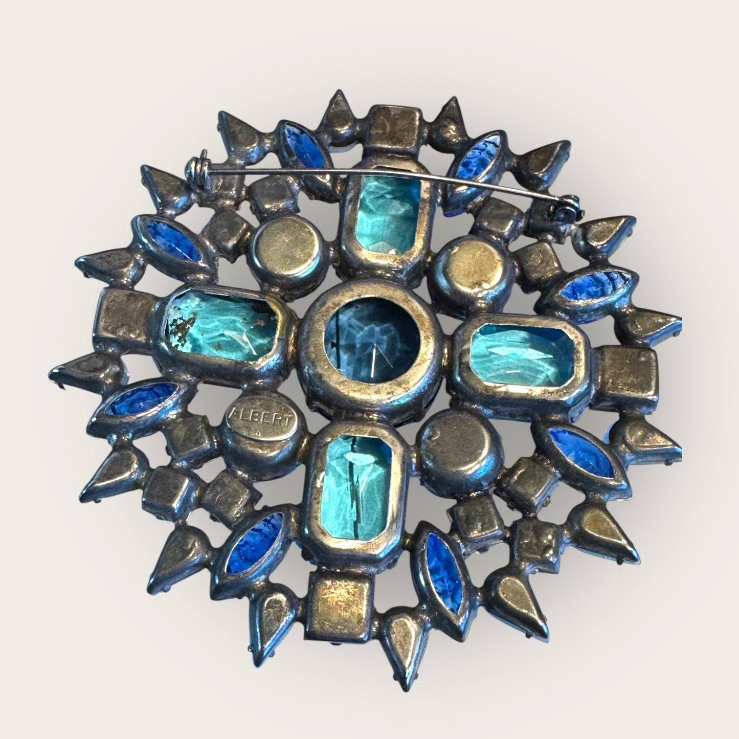 Vintage Signed Albert Starburst Brooch – Multi-Tone Blue Glass Rhinestones – Heavy Metal Statement Pin