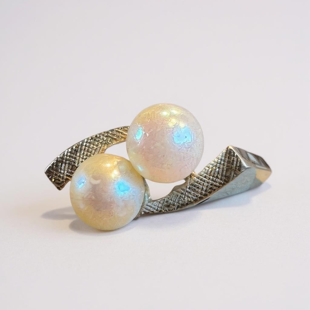 Vintage 1950s Silver Asymmetrical Ring with Cultured Pearls – Stamped Silver – Size 6.5