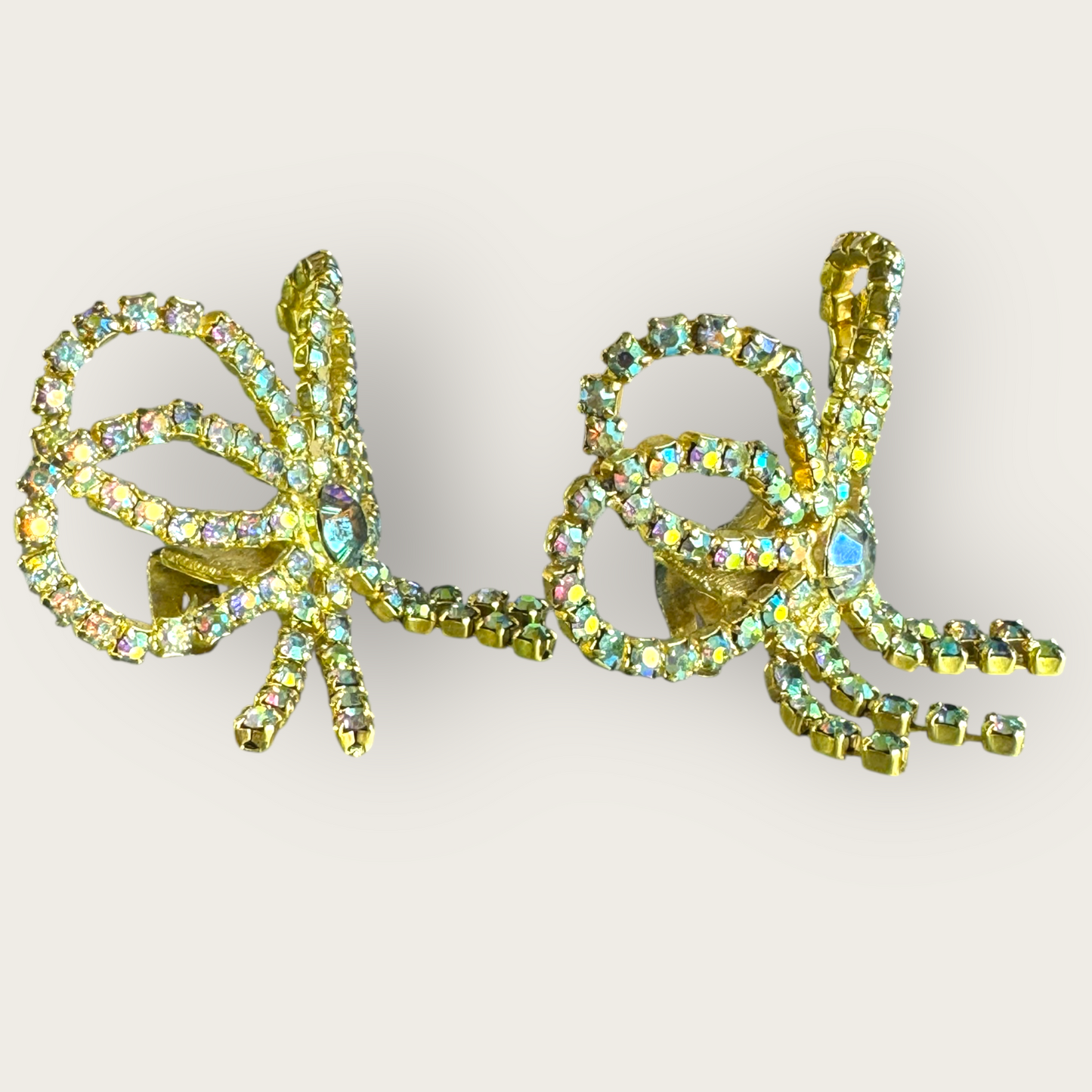 Vintage MUSI Gold Tone Aurora Borealis Rhinestone Bow Shoe Clips