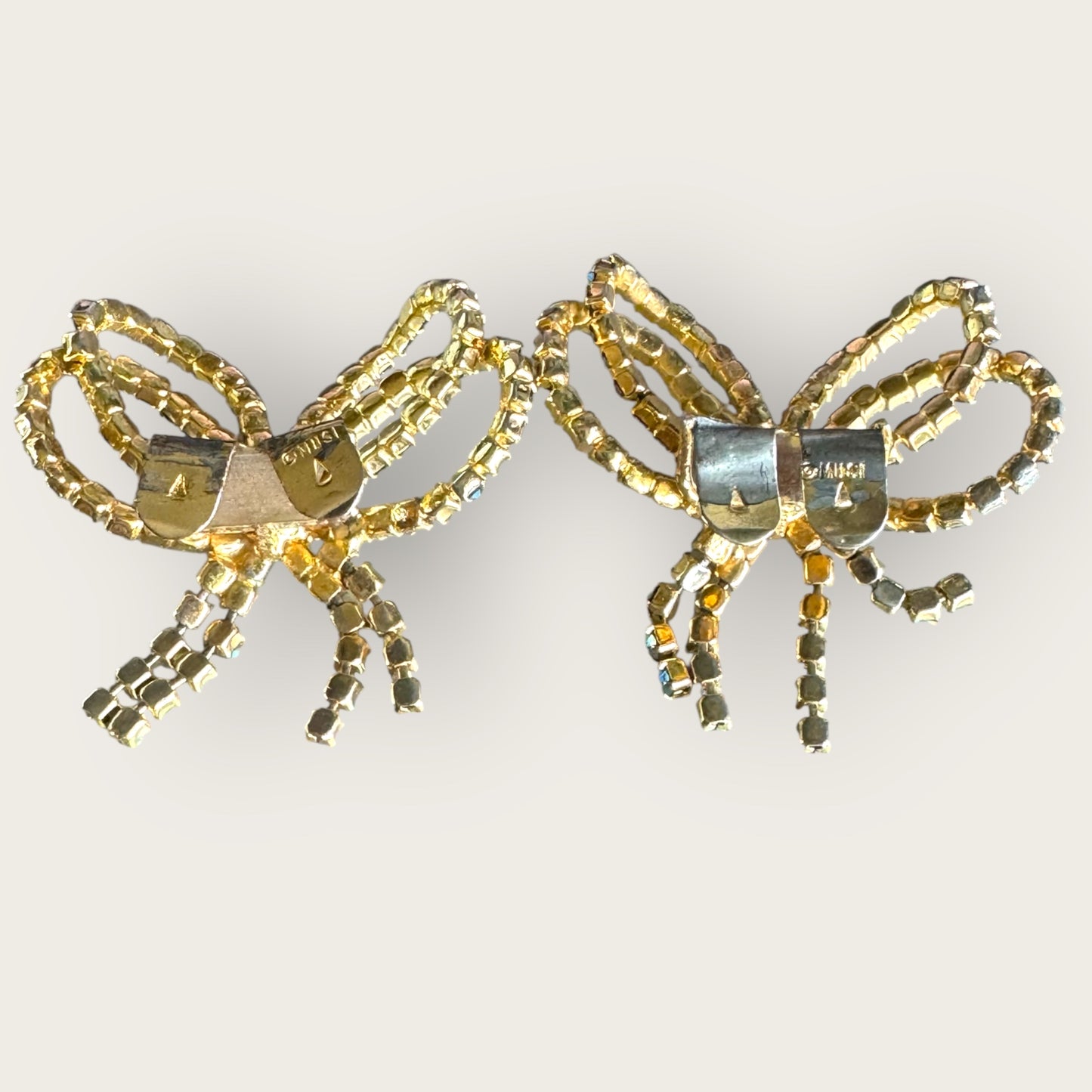 Vintage MUSI Gold Tone Aurora Borealis Rhinestone Bow Shoe Clips