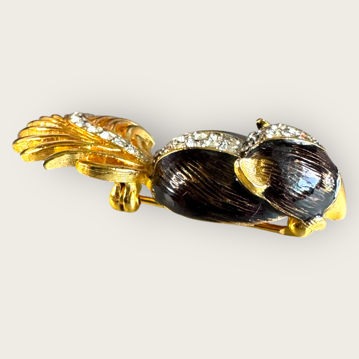 Vintage Signed Boucher Black Enamel Rhinestone Skunk Brooch