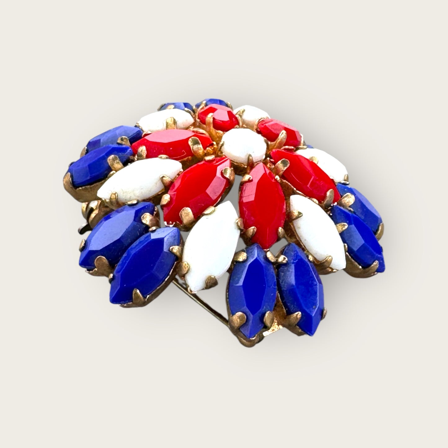 Vintage Red, White, and Blue Domed Glass Brooch – Gold Tone Patriotic Pin