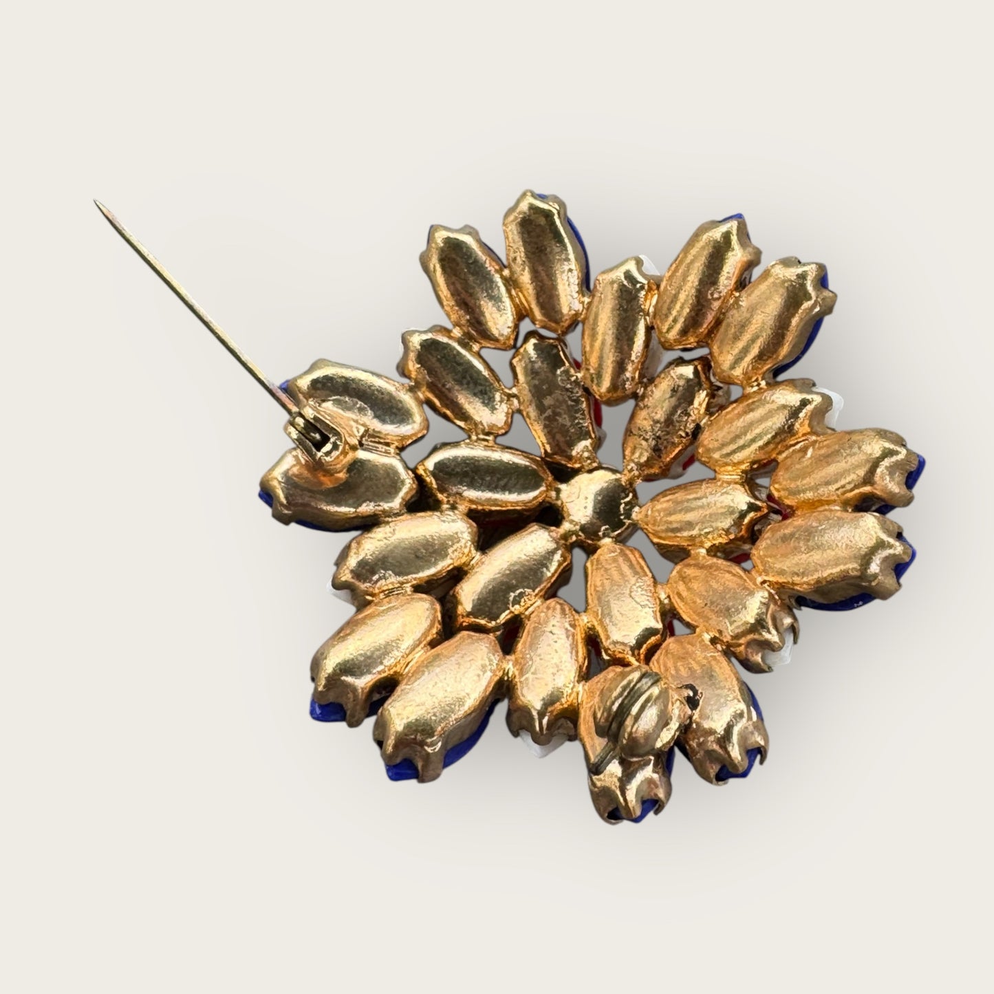 Vintage Red, White, and Blue Domed Glass Brooch – Gold Tone Patriotic Pin