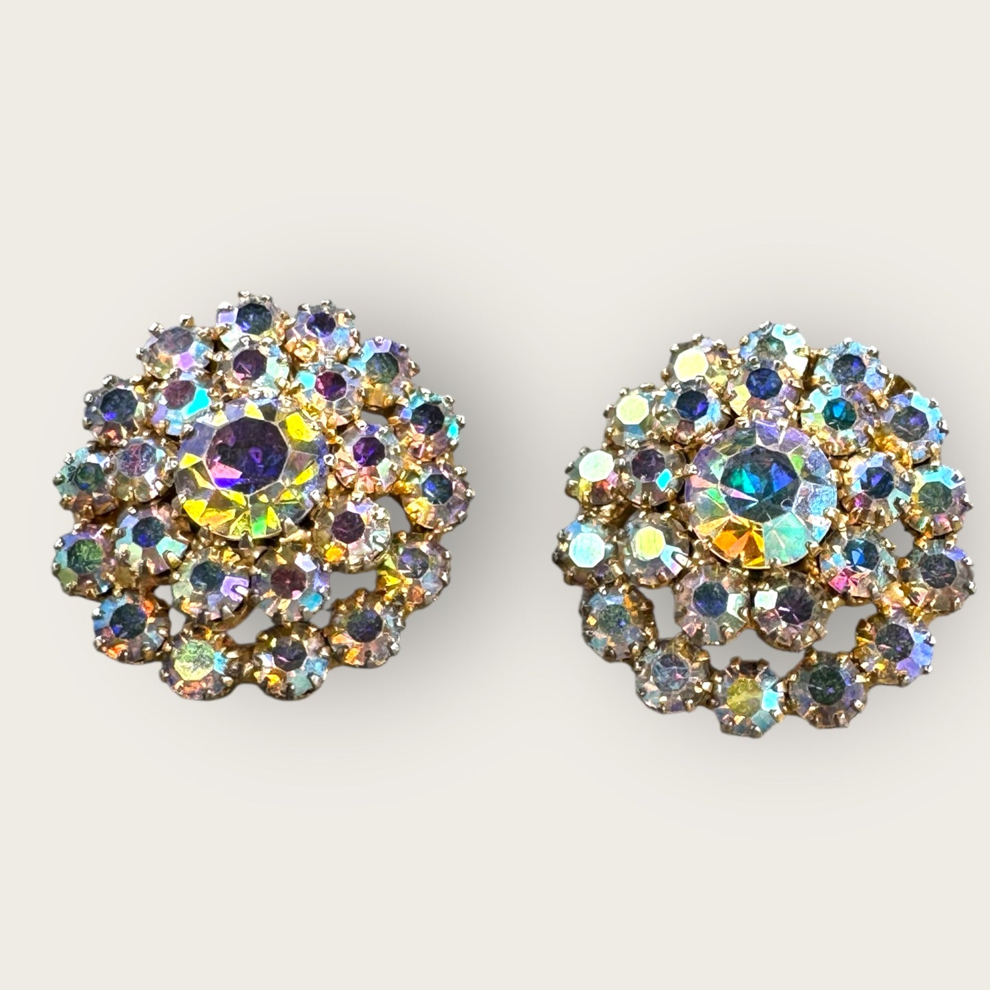 Vintage Aurora Borealis Rhinestone Clip-On Earrings – Gold Tone