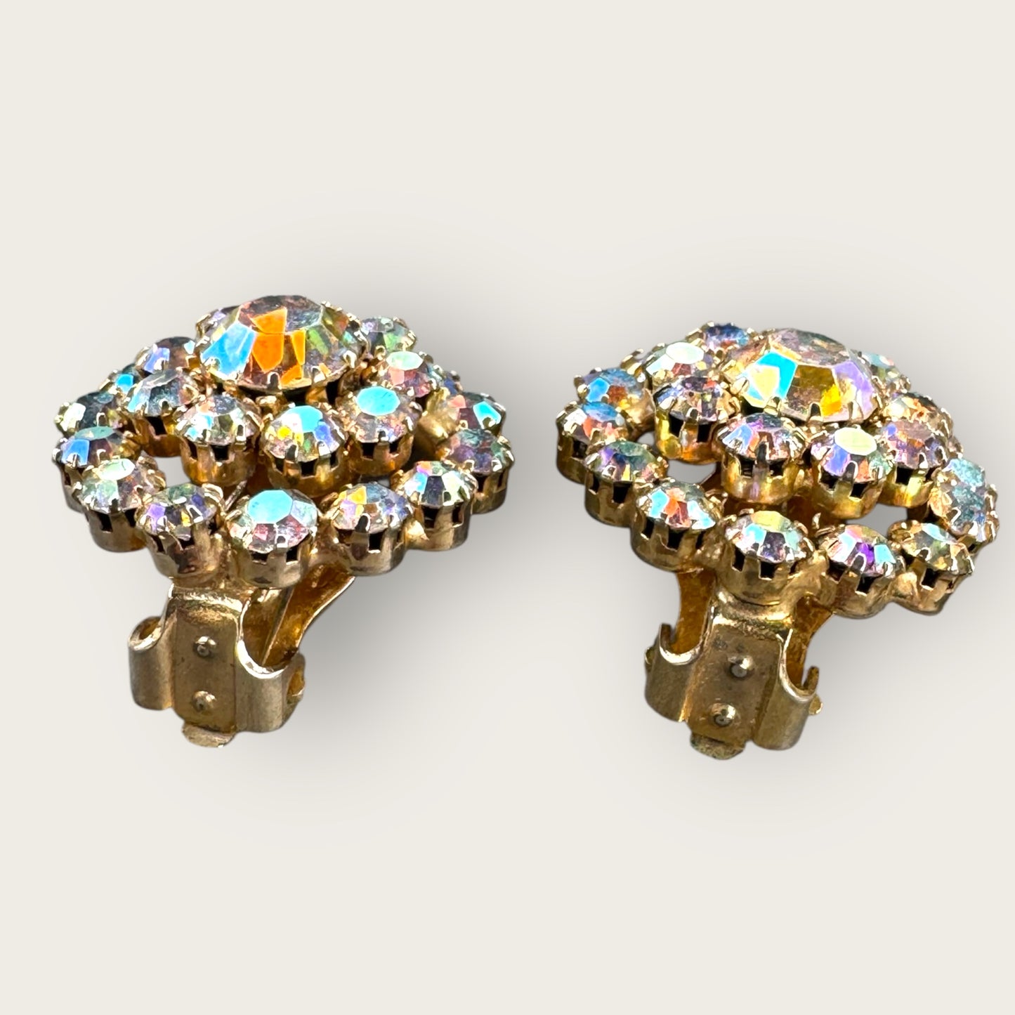 Vintage Aurora Borealis Rhinestone Clip-On Earrings – Gold Tone