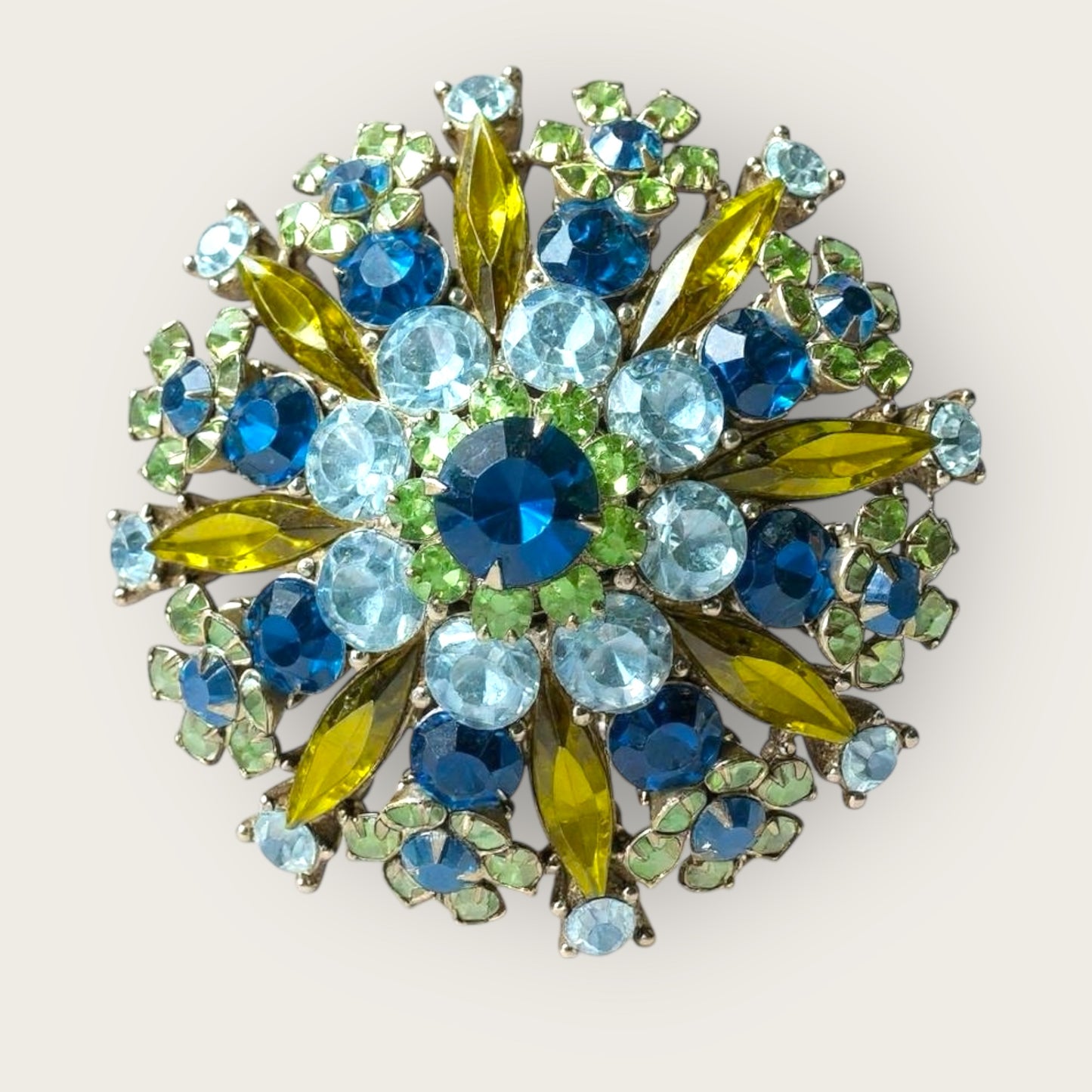 Vintage Layered Domed Starburst Rhinestone Brooch with Uranium Glass Silvertone