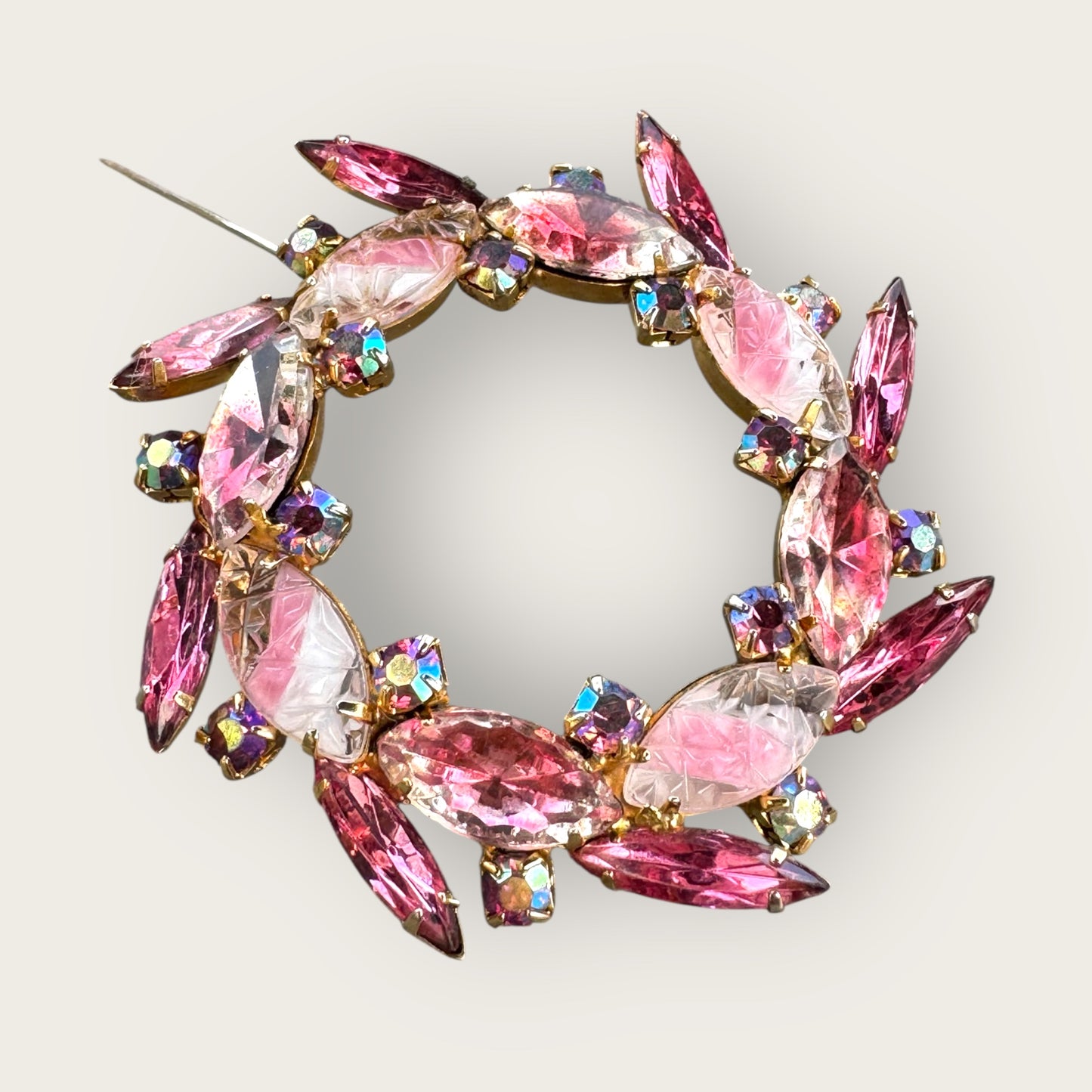 Vintage Pink Rhinestone Wreath Brooch with Satin Glass Navettes and Aurora Borealis Accents